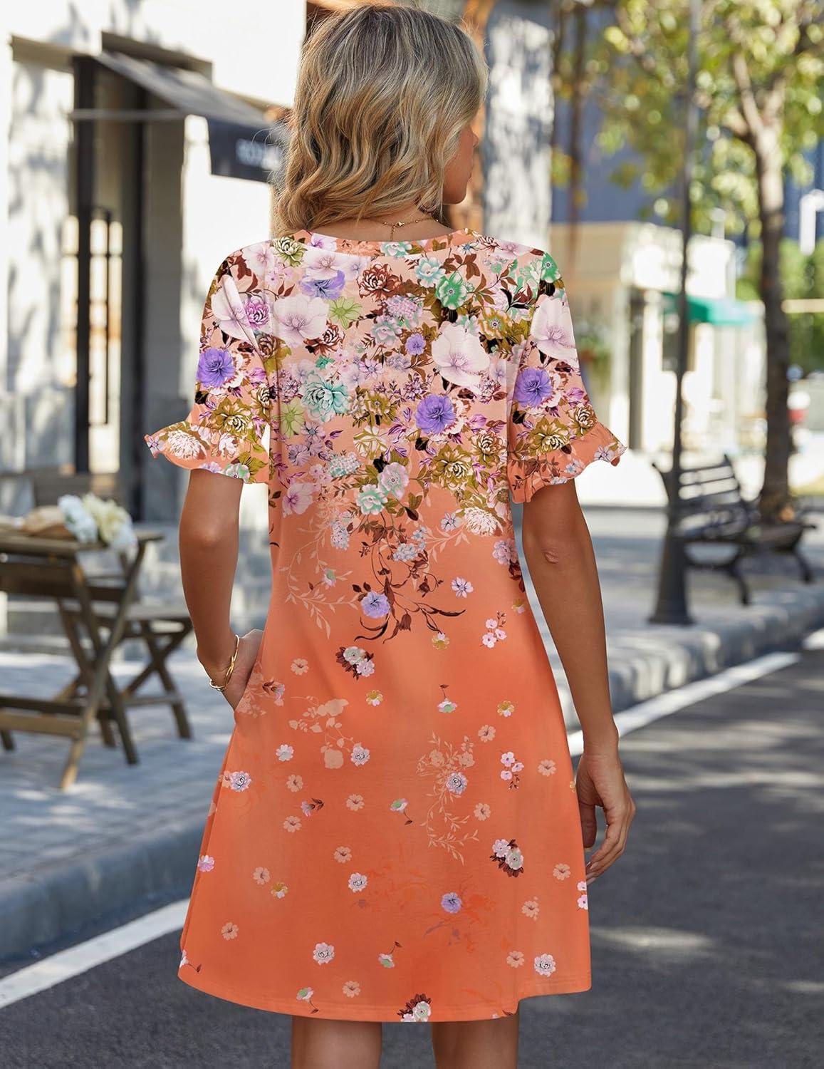 imageZeagoo Summer Casual Dresses for Women A Line Sun Dress Ruffle Short Sleeve V Neck Floral Tshirt Dress with PocketsFloral Printed1