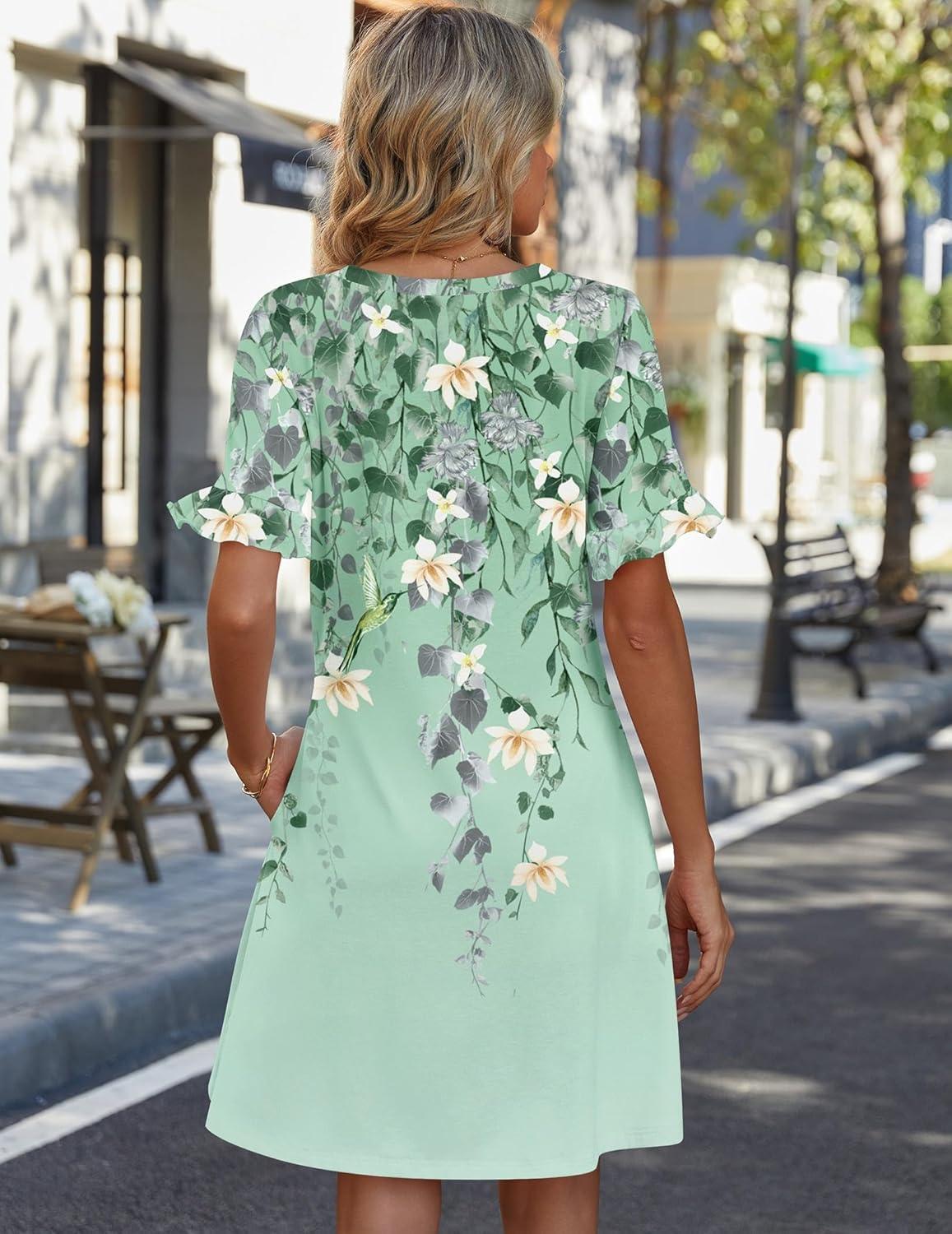 imageZeagoo Summer Casual Dresses for Women A Line Sun Dress Ruffle Short Sleeve V Neck Floral Tshirt Dress with PocketsFloral Printed2