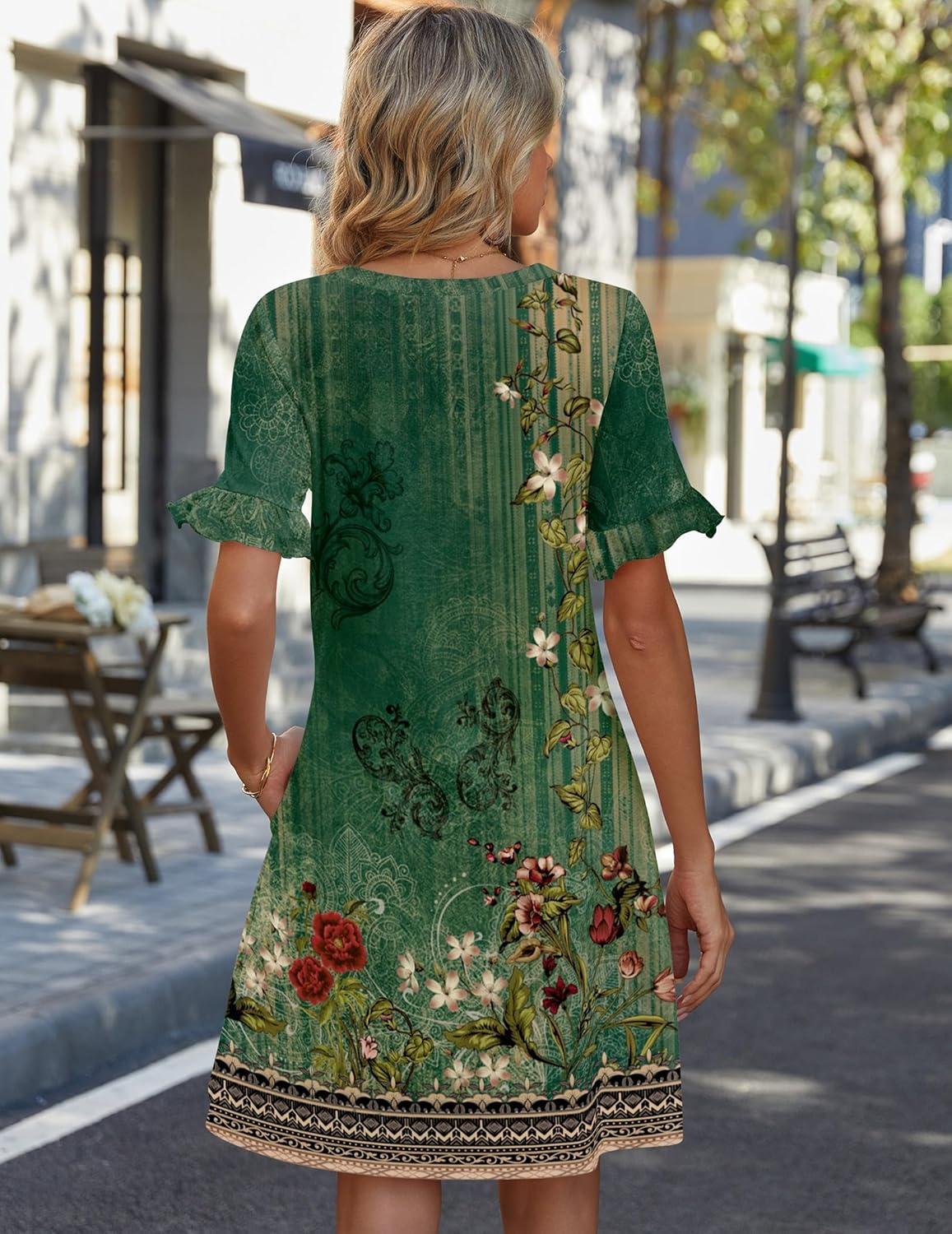 imageZeagoo Summer Casual Dresses for Women A Line Sun Dress Ruffle Short Sleeve V Neck Floral Tshirt Dress with PocketsGreen Floral