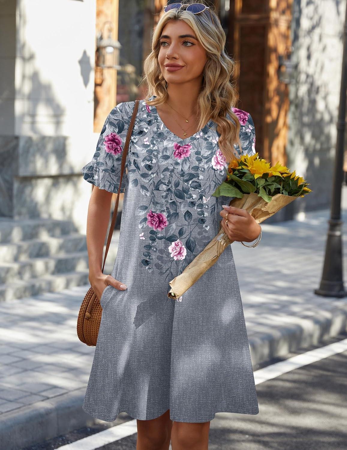 imageZeagoo Summer Casual Dresses for Women A Line Sun Dress Ruffle Short Sleeve V Neck Floral Tshirt Dress with PocketsGrey Red Floral