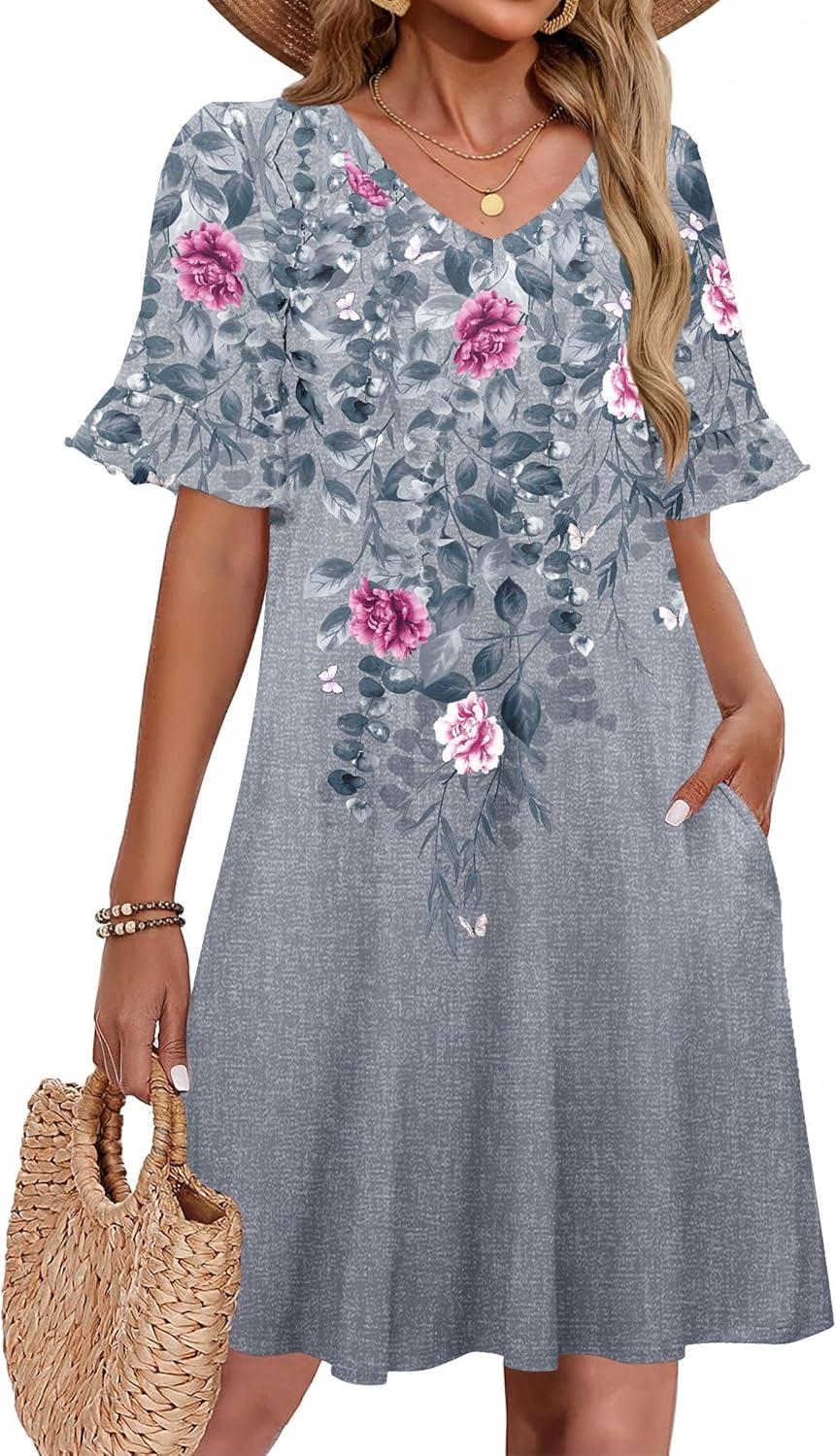 imageZeagoo Summer Casual Dresses for Women A Line Sun Dress Ruffle Short Sleeve V Neck Floral Tshirt Dress with PocketsGrey Red Floral
