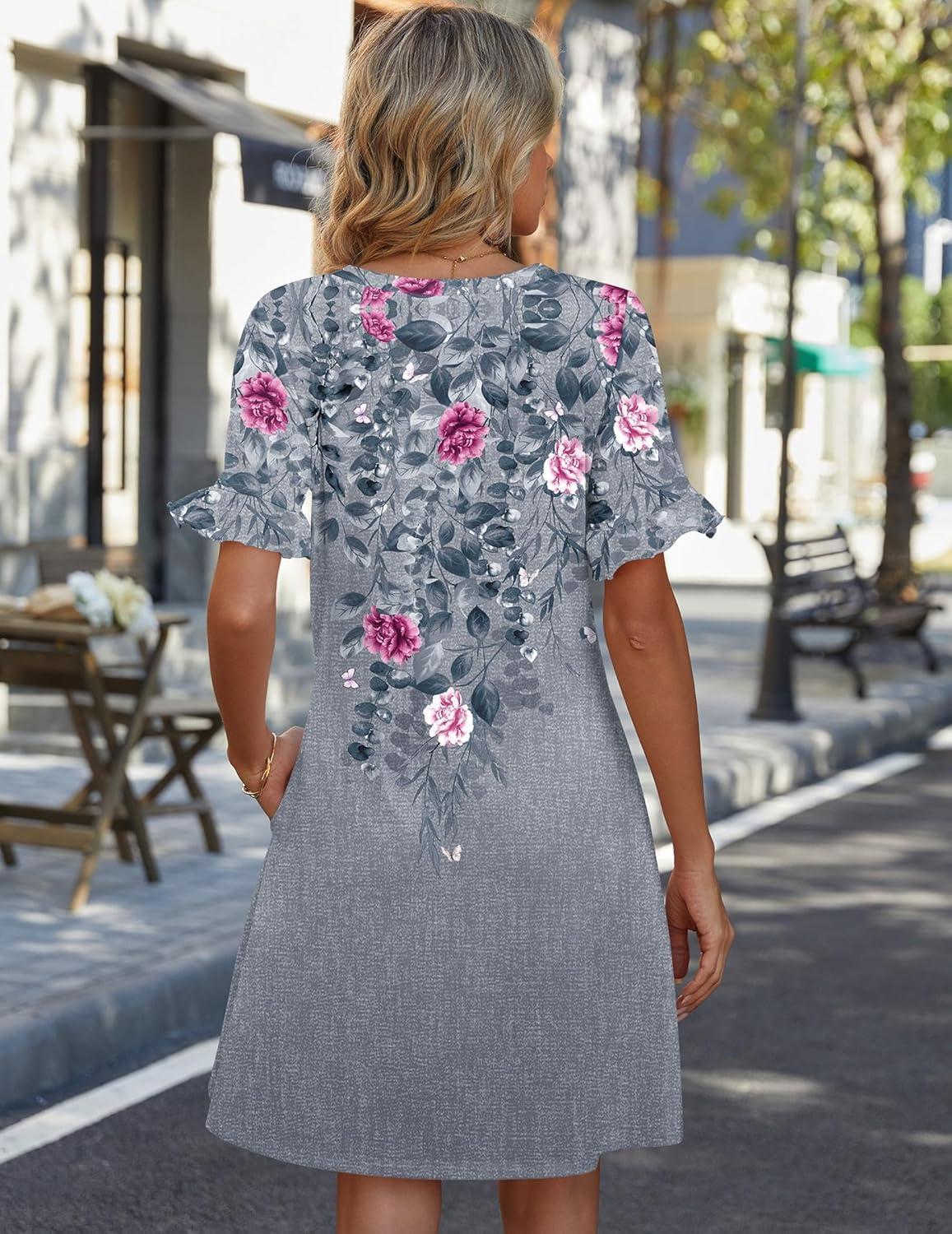 imageZeagoo Summer Casual Dresses for Women A Line Sun Dress Ruffle Short Sleeve V Neck Floral Tshirt Dress with PocketsGrey Red Floral