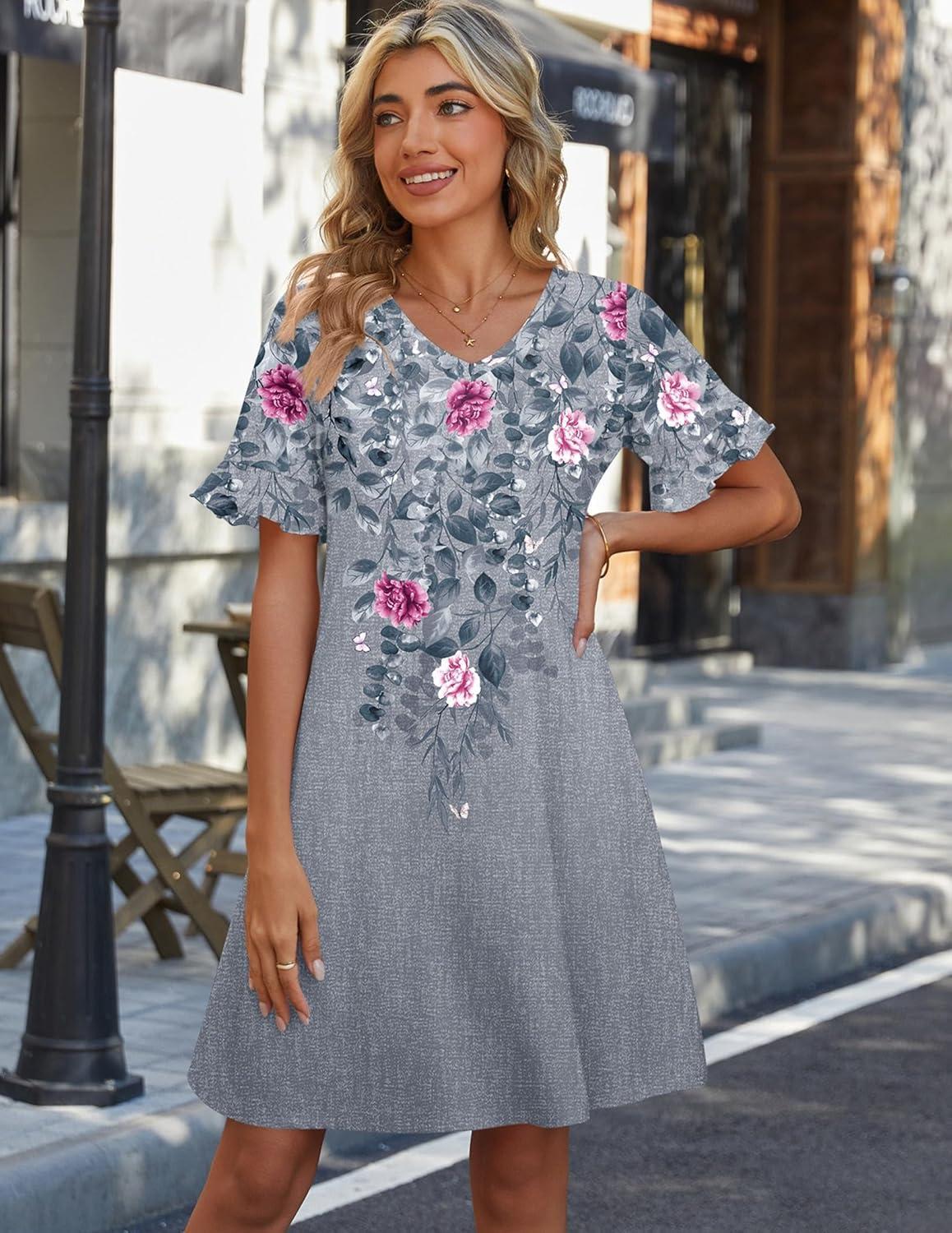 imageZeagoo Summer Casual Dresses for Women A Line Sun Dress Ruffle Short Sleeve V Neck Floral Tshirt Dress with PocketsGrey Red Floral