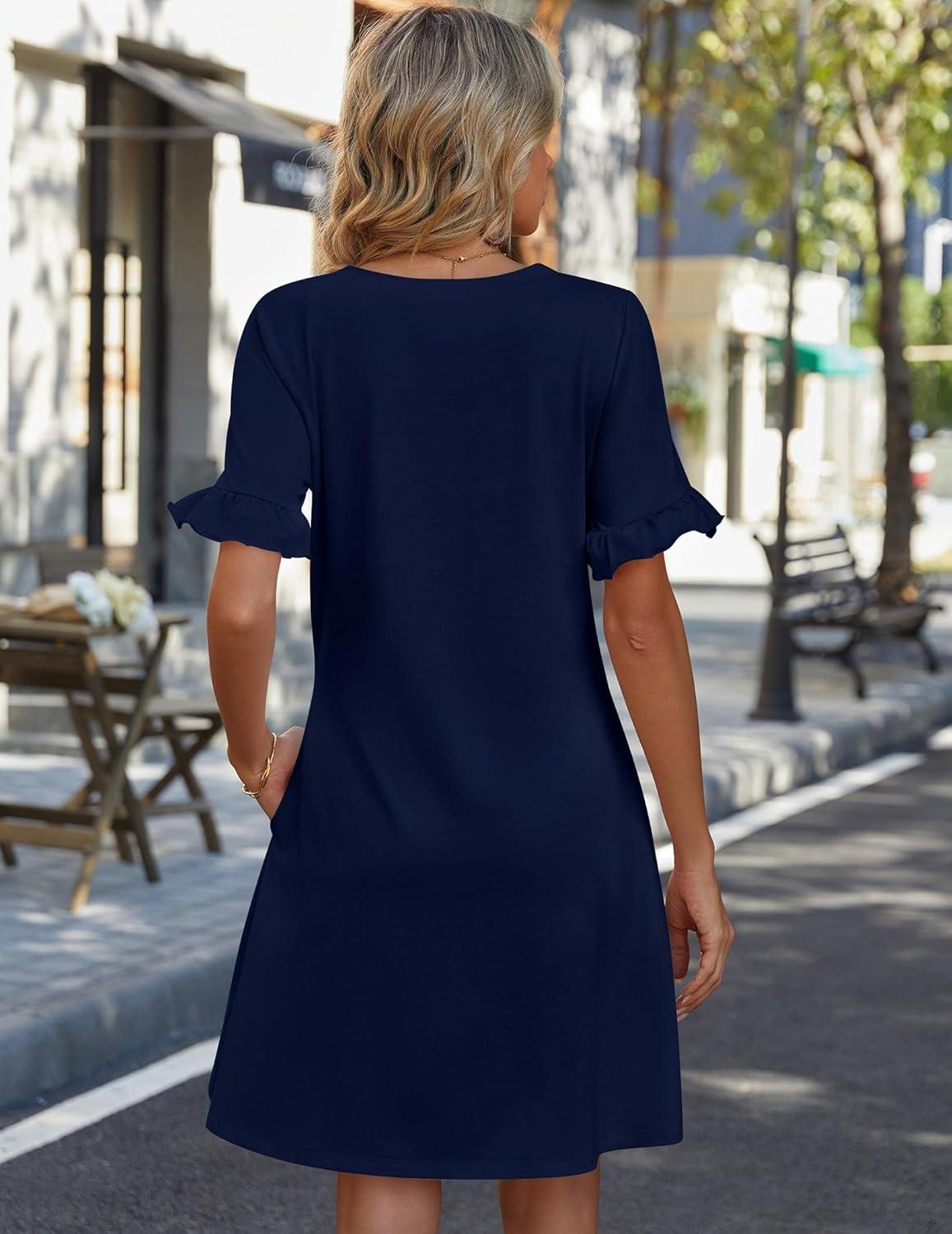 imageZeagoo Summer Casual Dresses for Women A Line Sun Dress Ruffle Short Sleeve V Neck Floral Tshirt Dress with PocketsNavy Blue