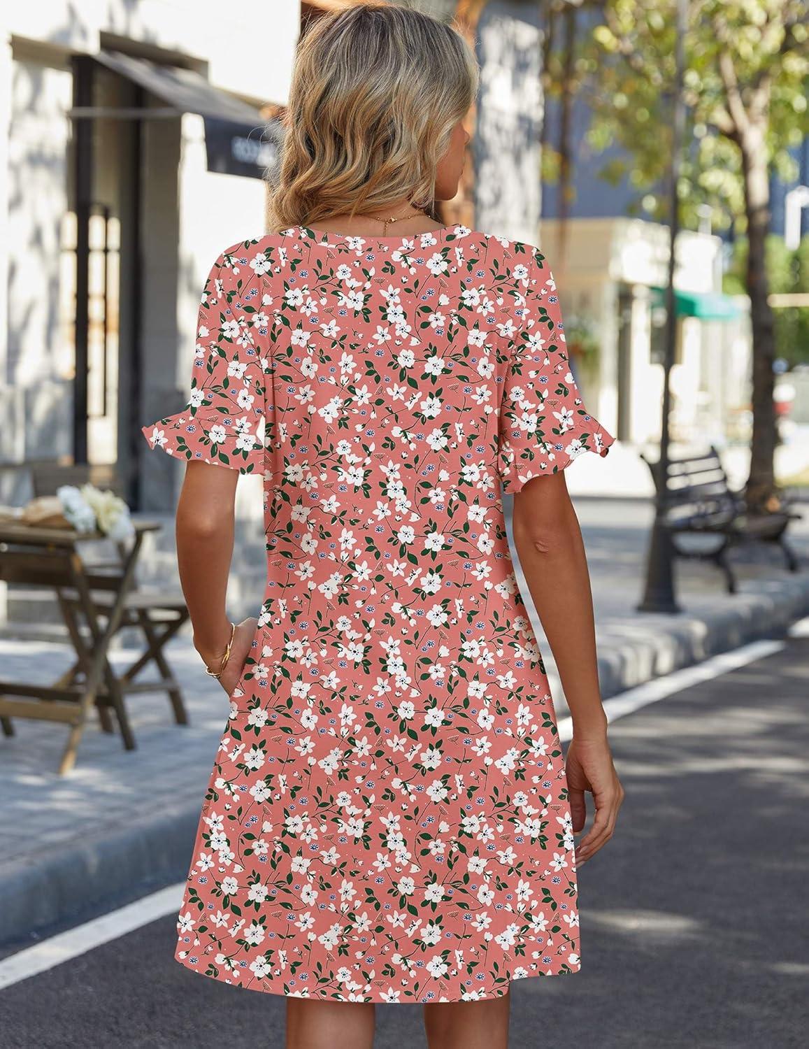 imageZeagoo Summer Casual Dresses for Women A Line Sun Dress Ruffle Short Sleeve V Neck Floral Tshirt Dress with PocketsPink Floral