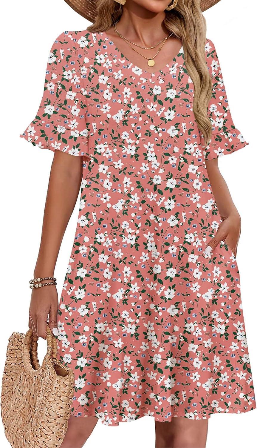 imageZeagoo Summer Casual Dresses for Women A Line Sun Dress Ruffle Short Sleeve V Neck Floral Tshirt Dress with PocketsPink Floral