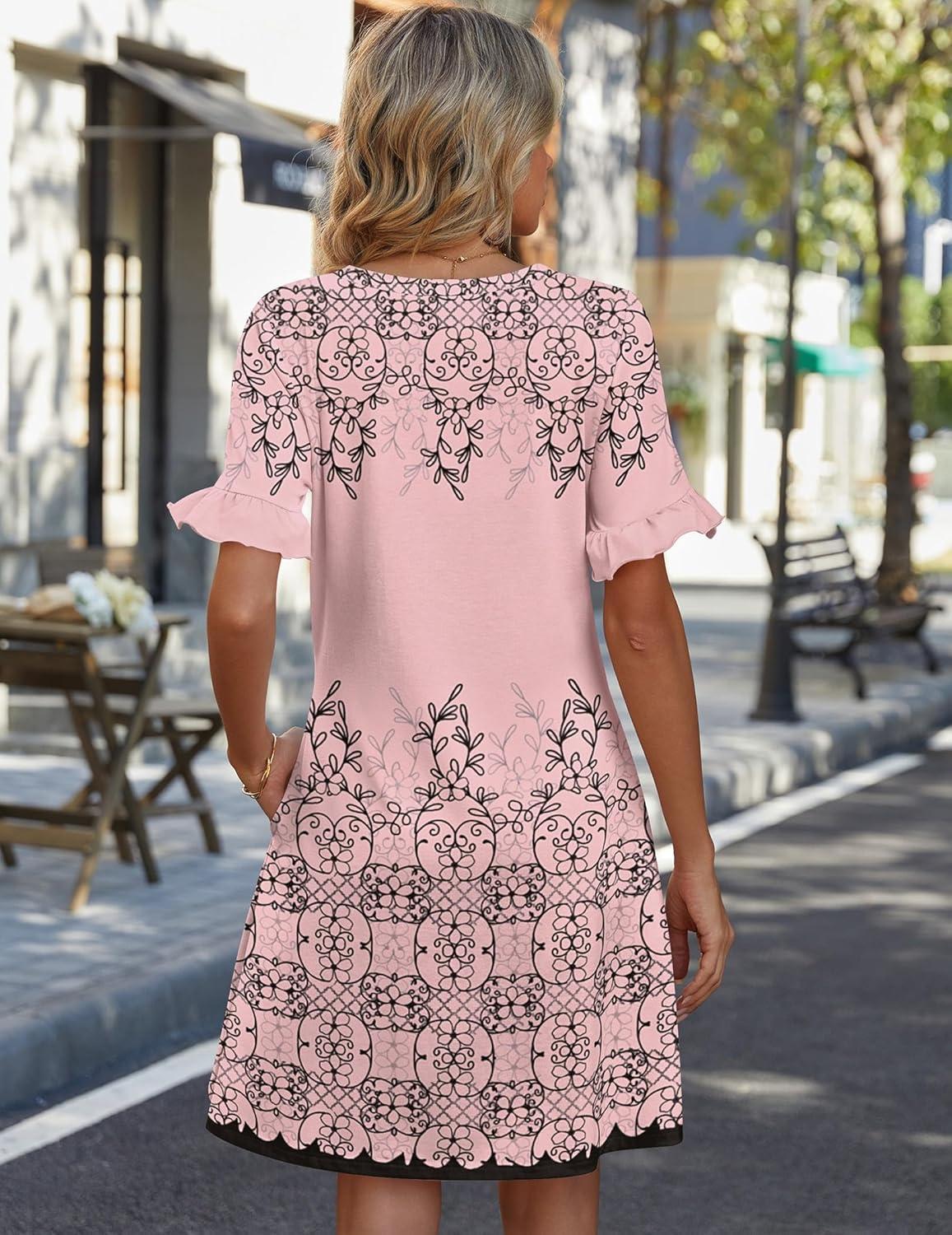 imageZeagoo Summer Casual Dresses for Women A Line Sun Dress Ruffle Short Sleeve V Neck Floral Tshirt Dress with PocketsPinkprinted