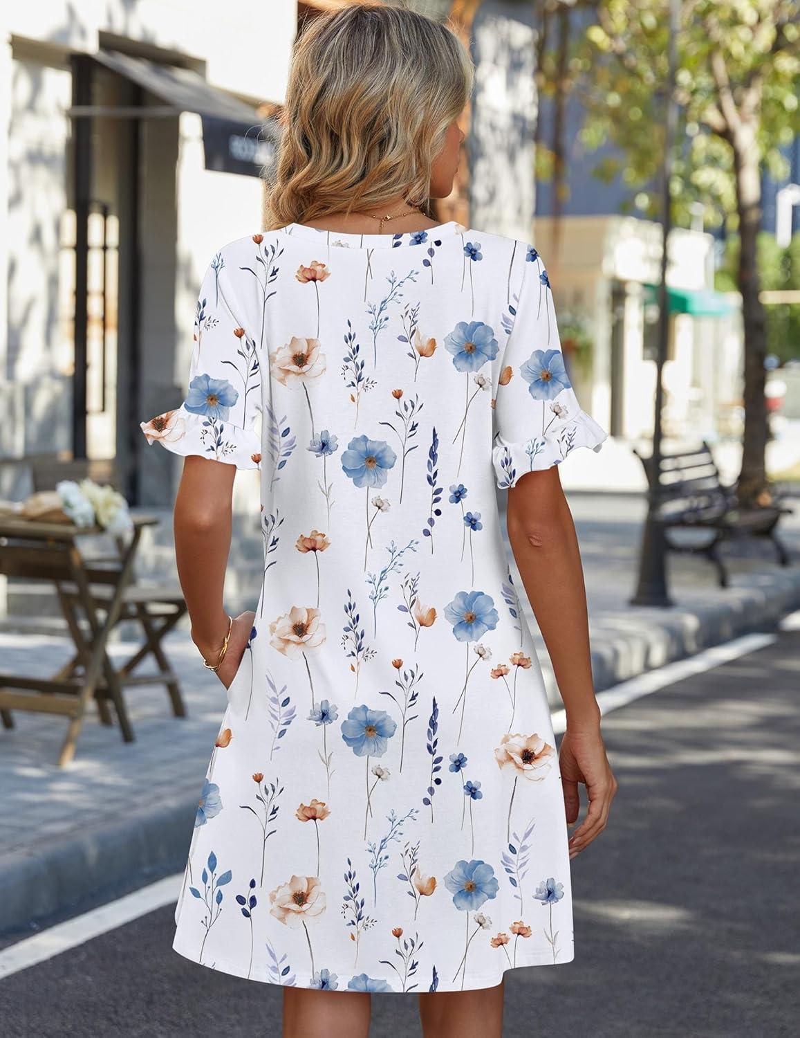 imageZeagoo Summer Casual Dresses for Women A Line Sun Dress Ruffle Short Sleeve V Neck Floral Tshirt Dress with PocketsWhite Floral