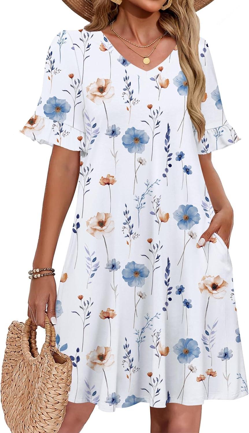 imageZeagoo Summer Casual Dresses for Women A Line Sun Dress Ruffle Short Sleeve V Neck Floral Tshirt Dress with PocketsWhite Floral