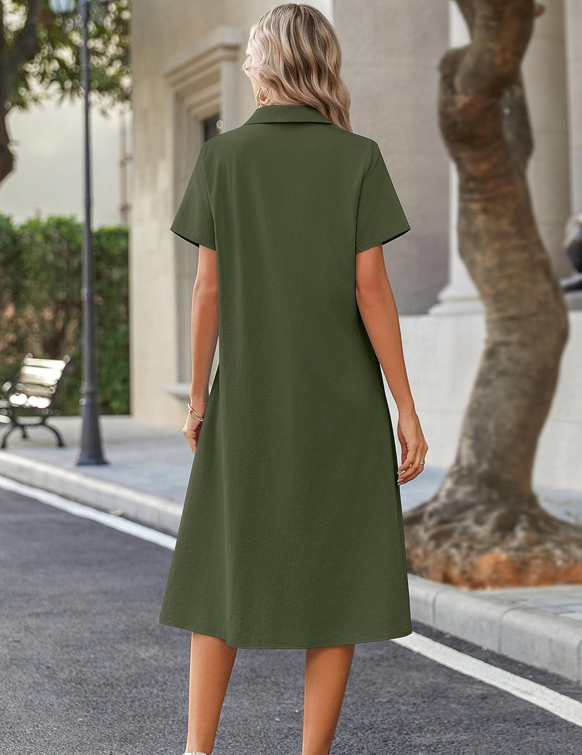 imageZeagoo Summer Dresses for Women 2026 Button Down Shirt Dresses Aline Long Sundress Short Sleeve Beach Travel Cover UpArmy Green
