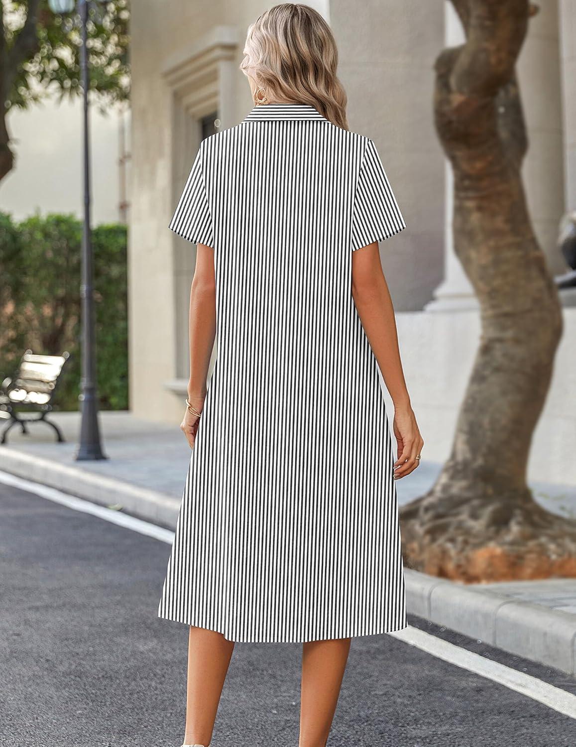 imageZeagoo Summer Dresses for Women 2026 Button Down Shirt Dresses Aline Long Sundress Short Sleeve Beach Travel Cover UpBlack Stripe