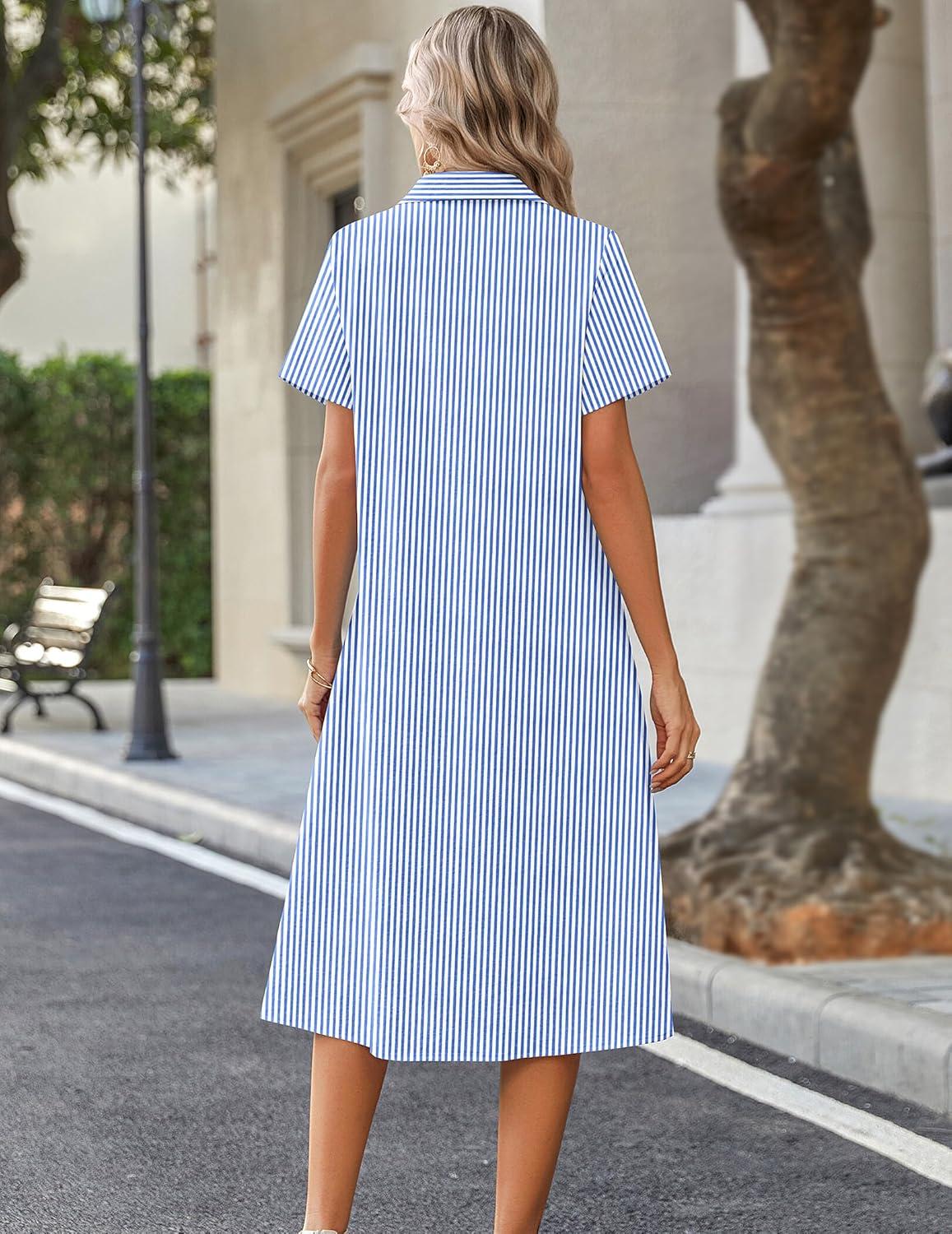 imageZeagoo Summer Dresses for Women 2026 Button Down Shirt Dresses Aline Long Sundress Short Sleeve Beach Travel Cover UpBlue Stripe