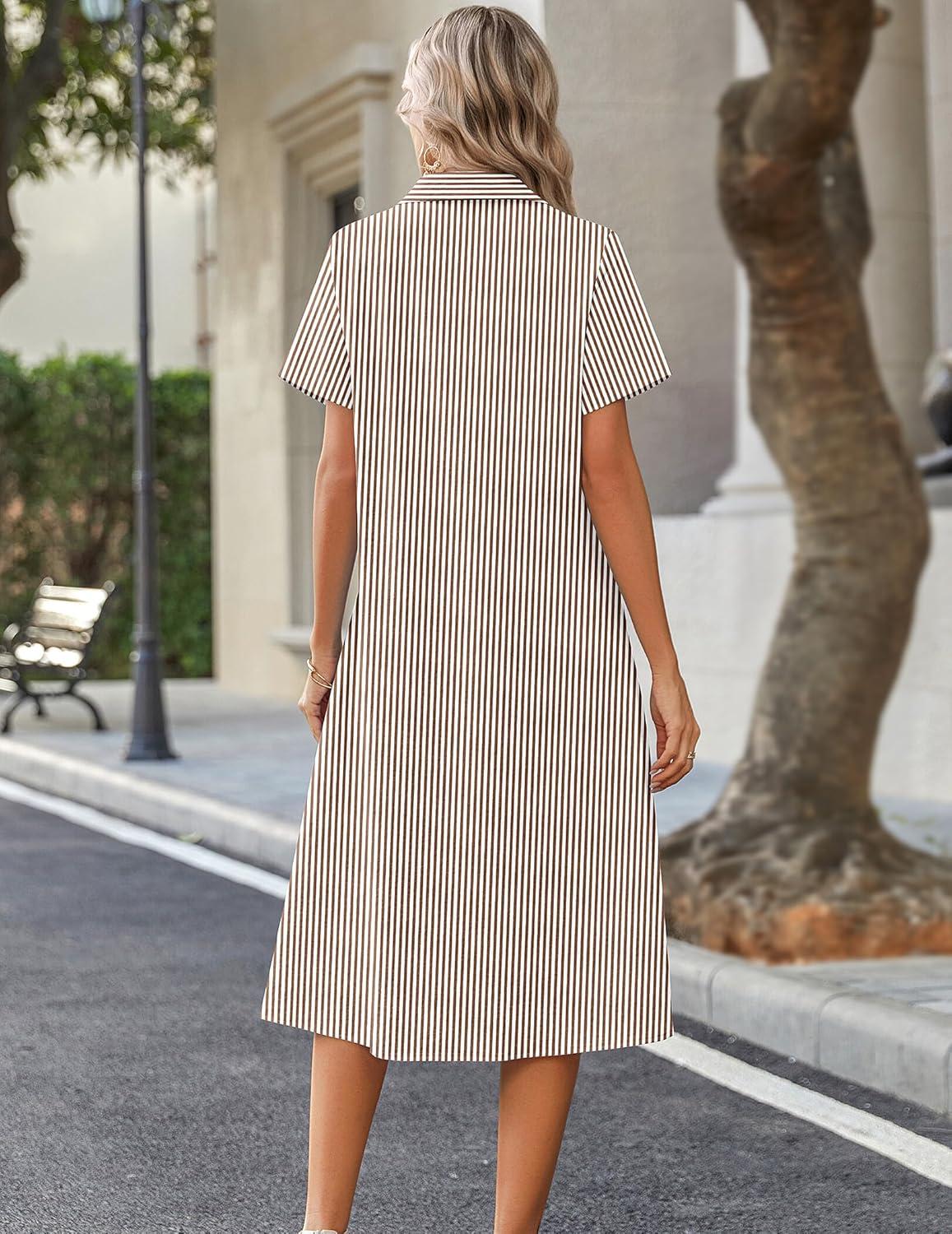 imageZeagoo Summer Dresses for Women 2026 Button Down Shirt Dresses Aline Long Sundress Short Sleeve Beach Travel Cover UpBrown Stripe