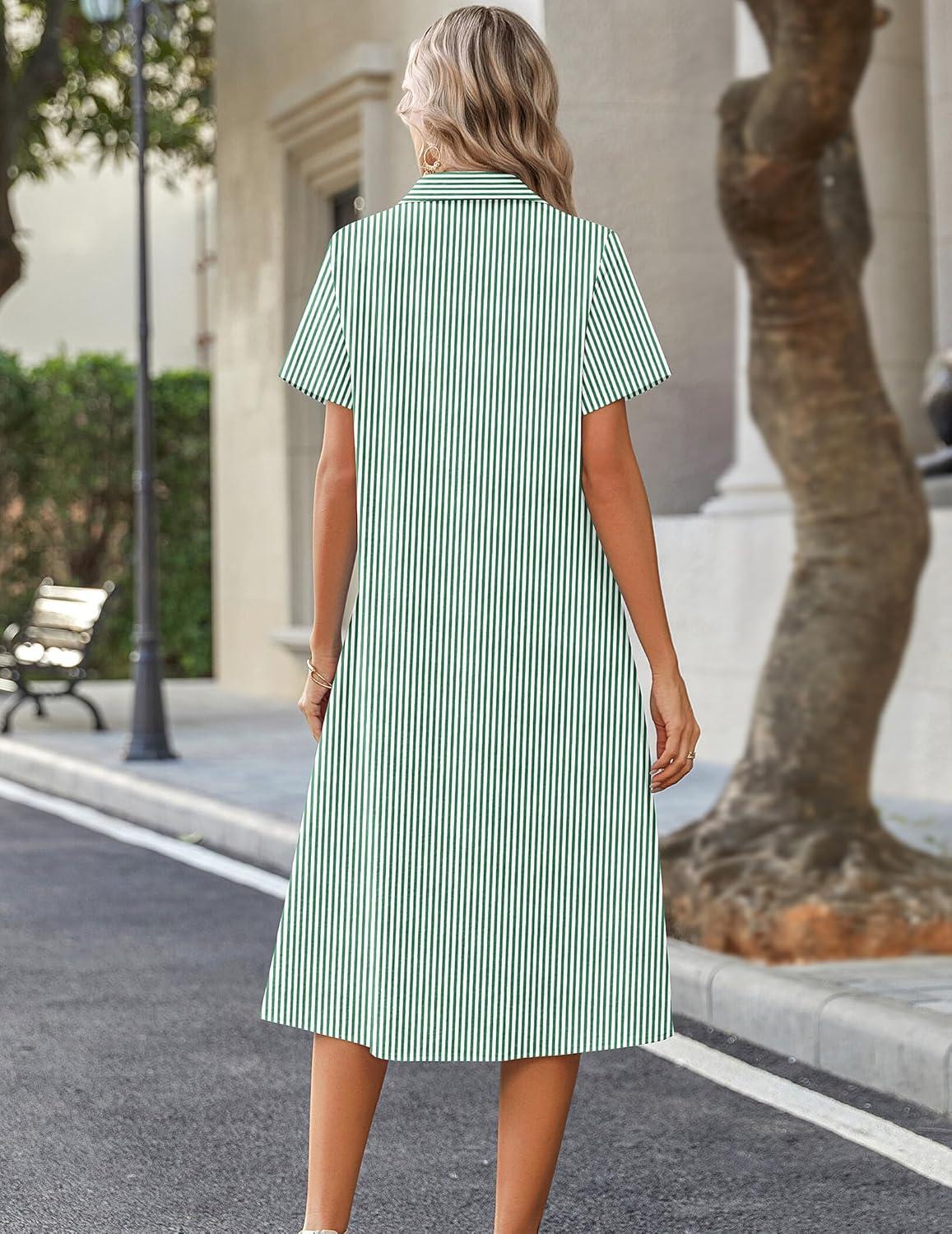imageZeagoo Summer Dresses for Women 2026 Button Down Shirt Dresses Aline Long Sundress Short Sleeve Beach Travel Cover UpGreen Stripe