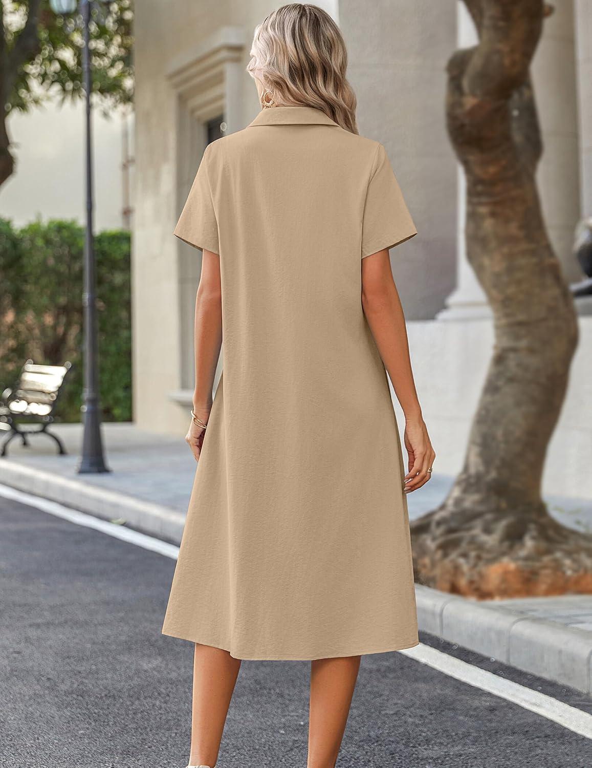 imageZeagoo Summer Dresses for Women 2026 Button Down Shirt Dresses Aline Long Sundress Short Sleeve Beach Travel Cover UpKhaki