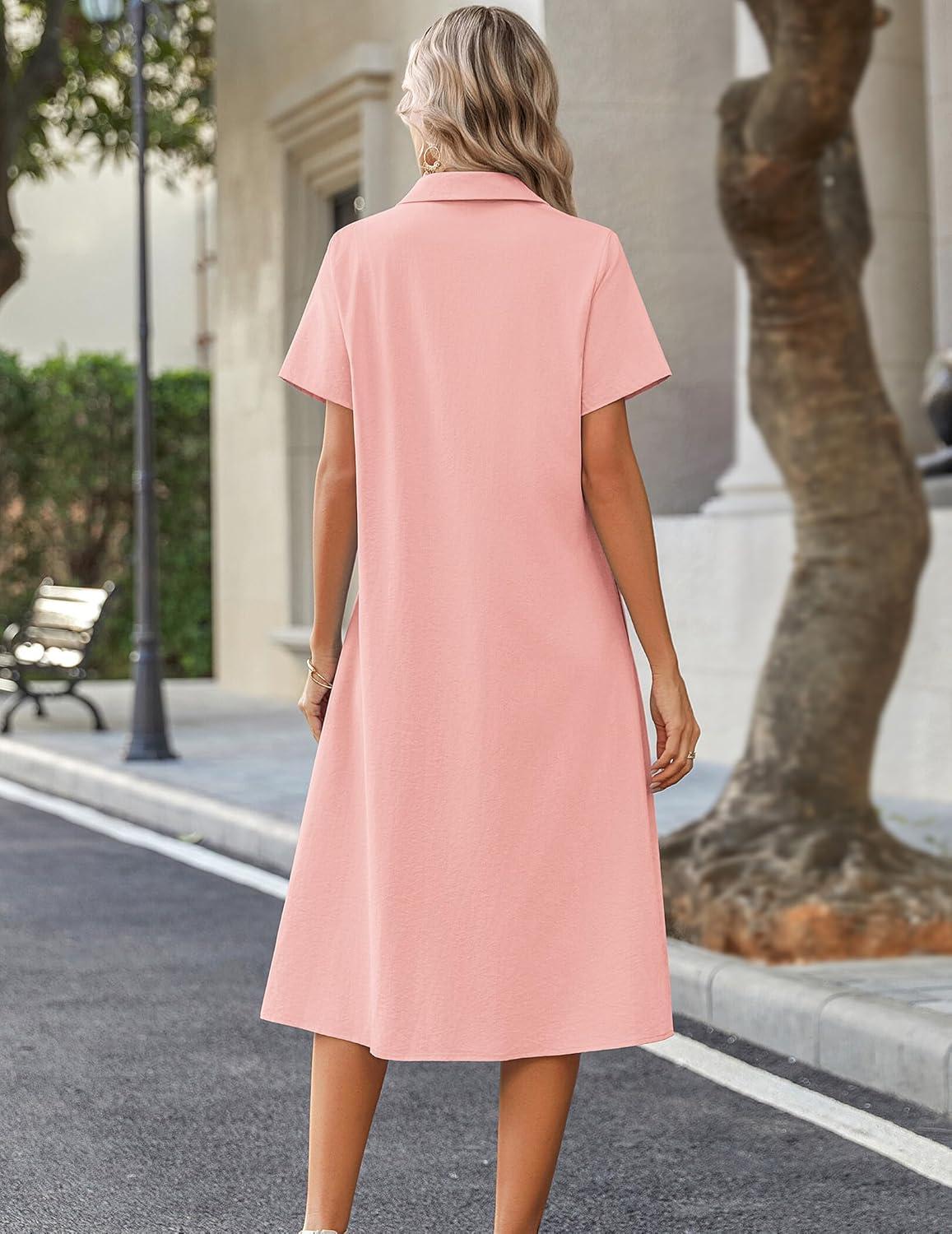 imageZeagoo Summer Dresses for Women 2026 Button Down Shirt Dresses Aline Long Sundress Short Sleeve Beach Travel Cover UpPink