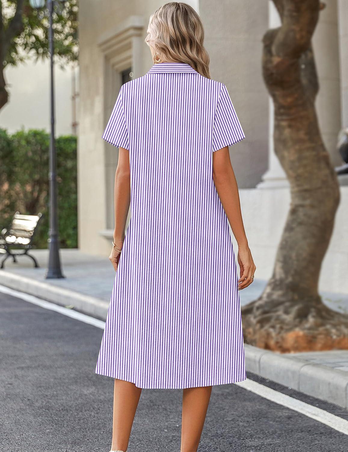 imageZeagoo Summer Dresses for Women 2026 Button Down Shirt Dresses Aline Long Sundress Short Sleeve Beach Travel Cover UpPurple Stripe