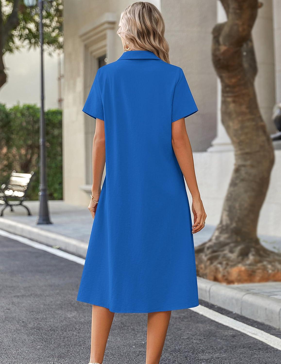 imageZeagoo Summer Dresses for Women 2026 Button Down Shirt Dresses Aline Long Sundress Short Sleeve Beach Travel Cover UpRoyal Blue