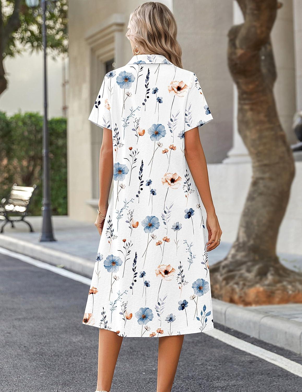 imageZeagoo Summer Dresses for Women 2026 Button Down Shirt Dresses Aline Long Sundress Short Sleeve Beach Travel Cover UpWhite Floral