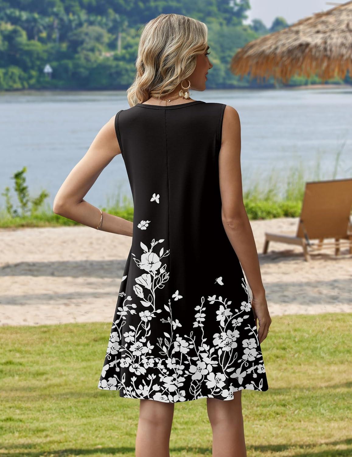 imageZeagoo Summer Dresses for Women 2026 Sleeveless Casual Floral Tshirt Sundress with Pockets Loose Tank Beach Dress01black Floral