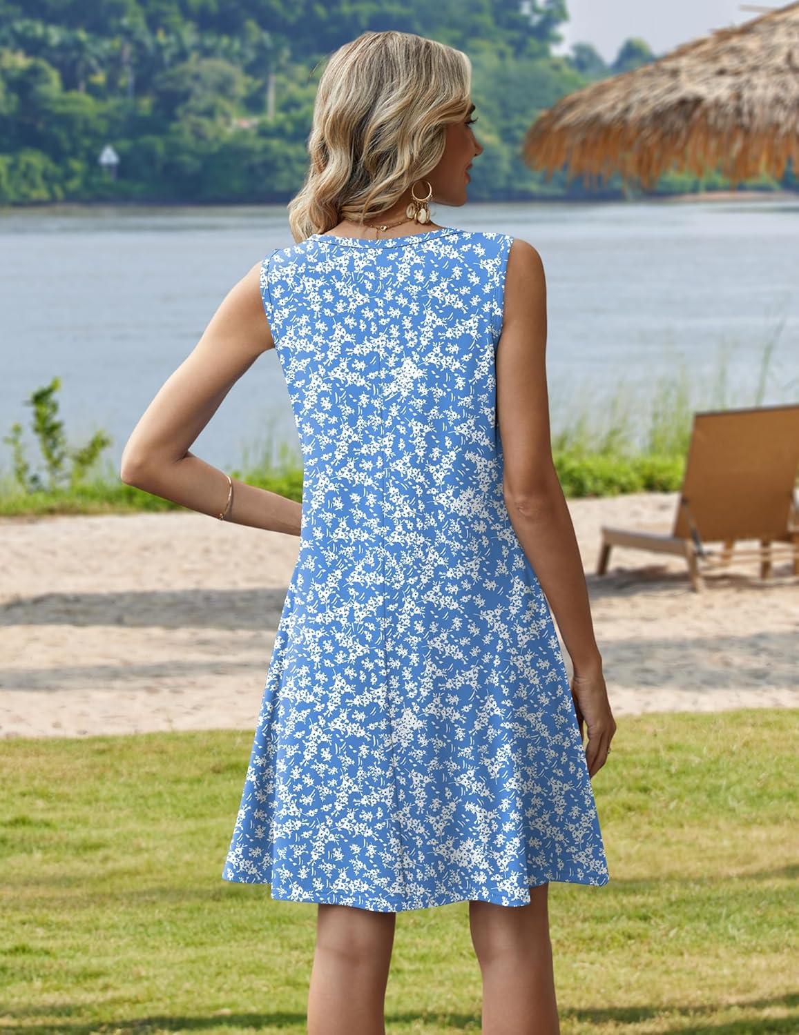 imageZeagoo Summer Dresses for Women 2026 Sleeveless Casual Floral Tshirt Sundress with Pockets Loose Tank Beach Dress02blue Floral