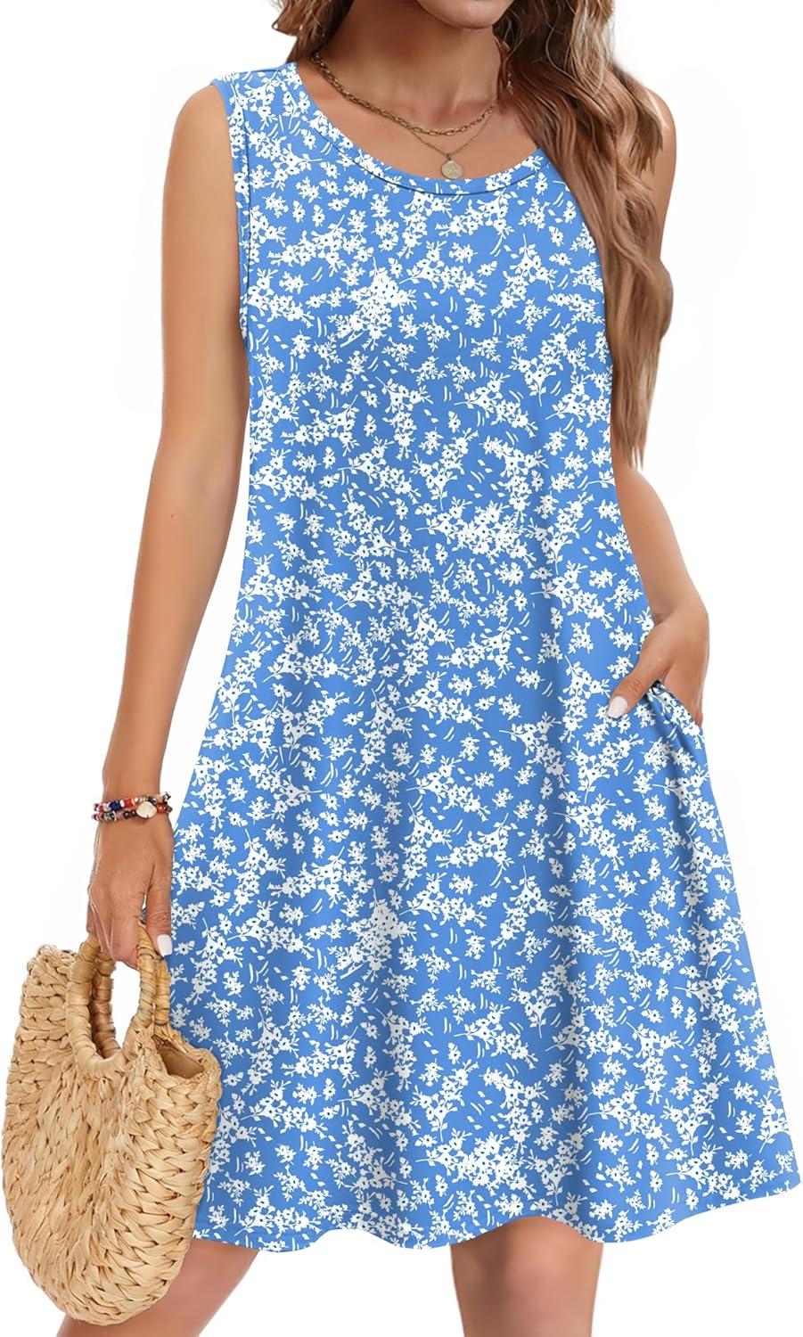 imageZeagoo Summer Dresses for Women 2026 Sleeveless Casual Floral Tshirt Sundress with Pockets Loose Tank Beach Dress02blue Floral