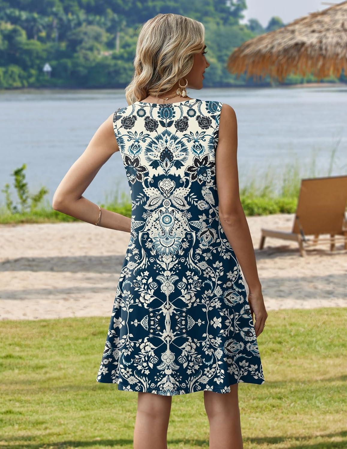 imageZeagoo Summer Dresses for Women 2026 Sleeveless Casual Floral Tshirt Sundress with Pockets Loose Tank Beach DressBlue Boho Print