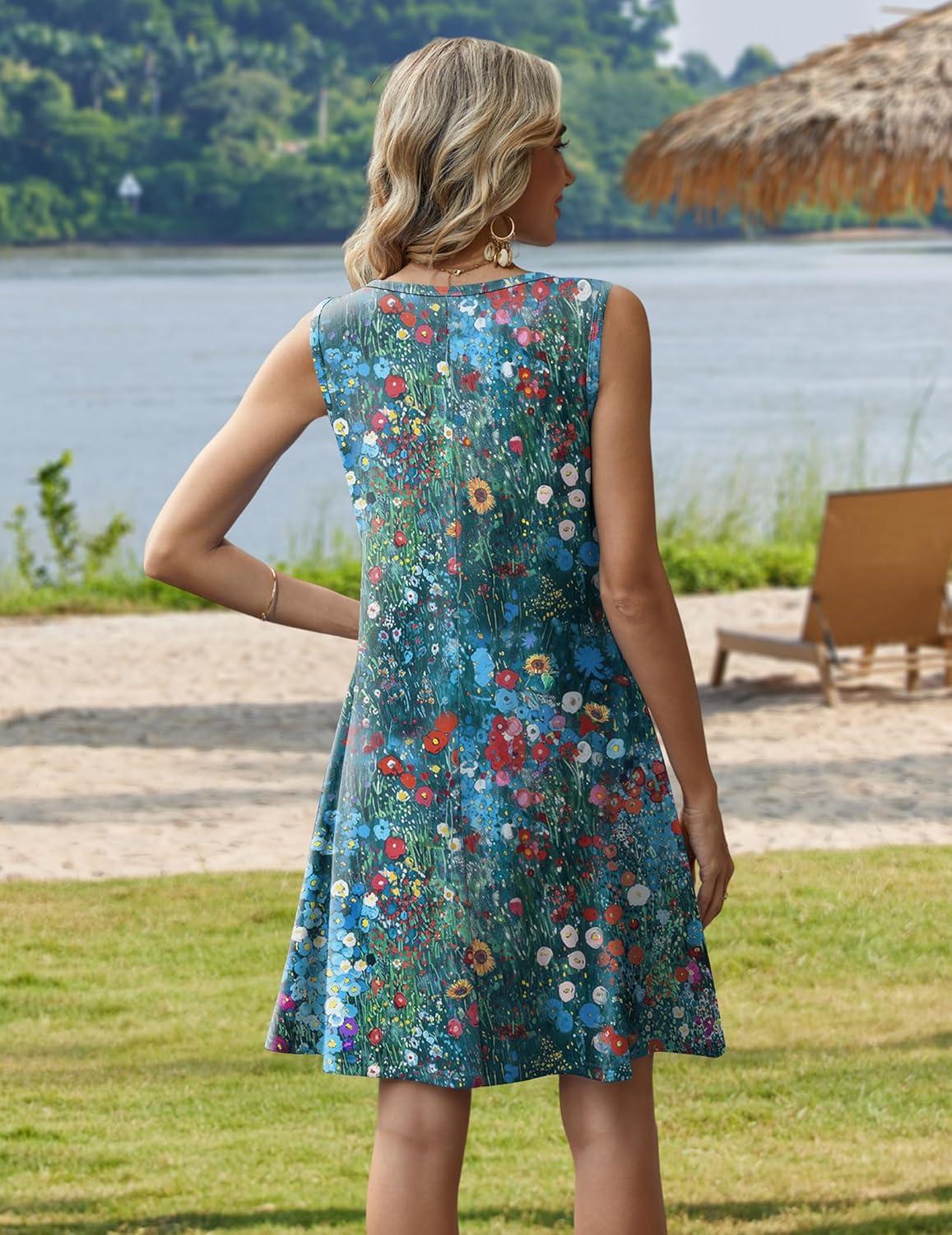 imageZeagoo Summer Dresses for Women 2026 Sleeveless Casual Floral Tshirt Sundress with Pockets Loose Tank Beach DressColorful
