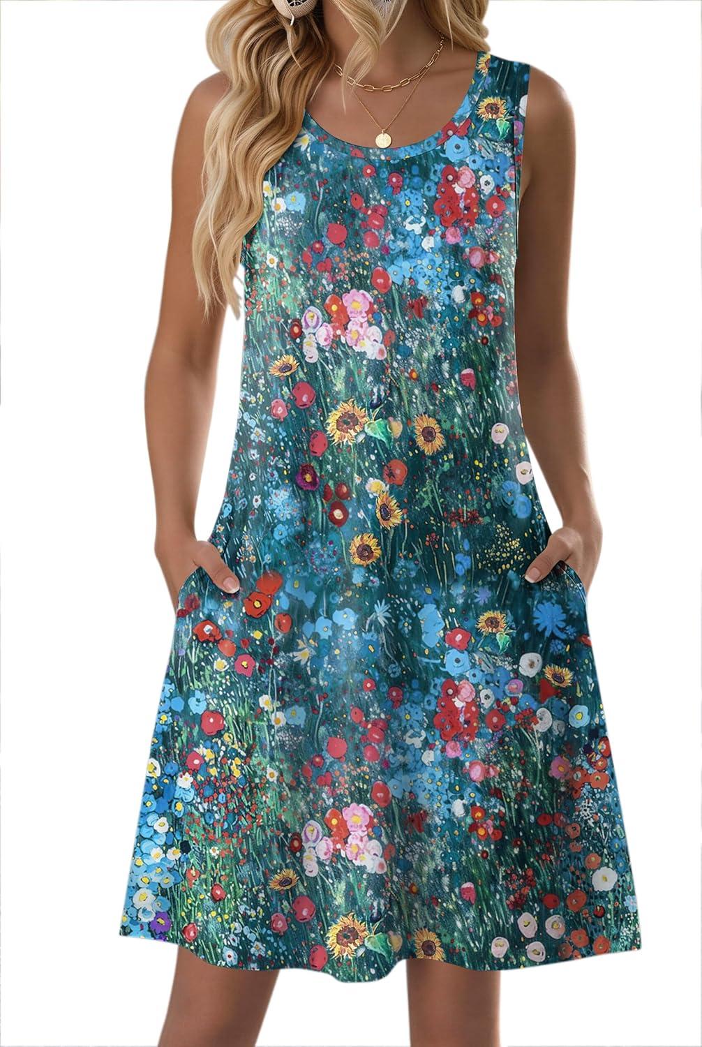 imageZeagoo Summer Dresses for Women 2026 Sleeveless Casual Floral Tshirt Sundress with Pockets Loose Tank Beach DressColorful