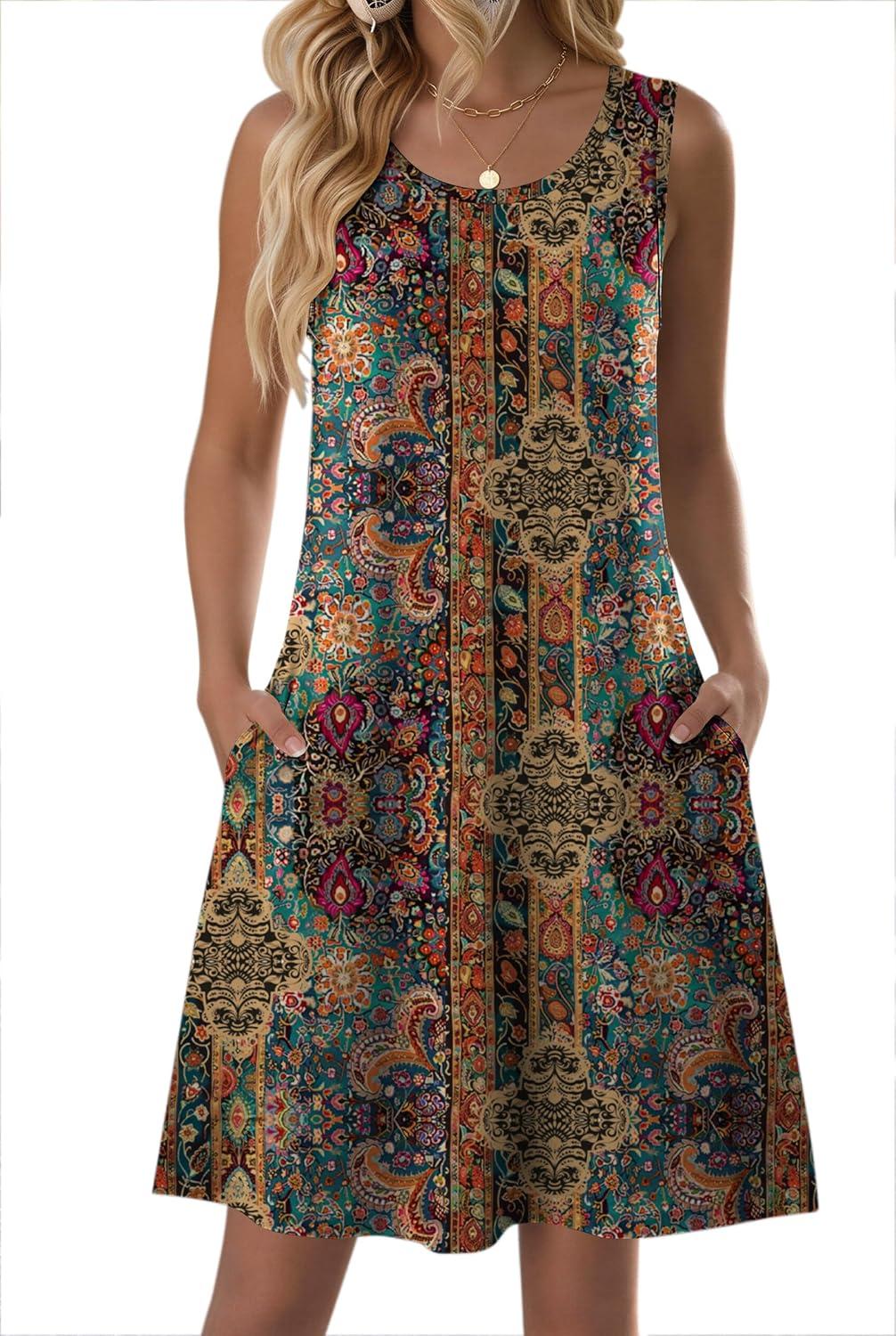 imageZeagoo Summer Dresses for Women 2026 Sleeveless Casual Floral Tshirt Sundress with Pockets Loose Tank Beach DressEthnic Print