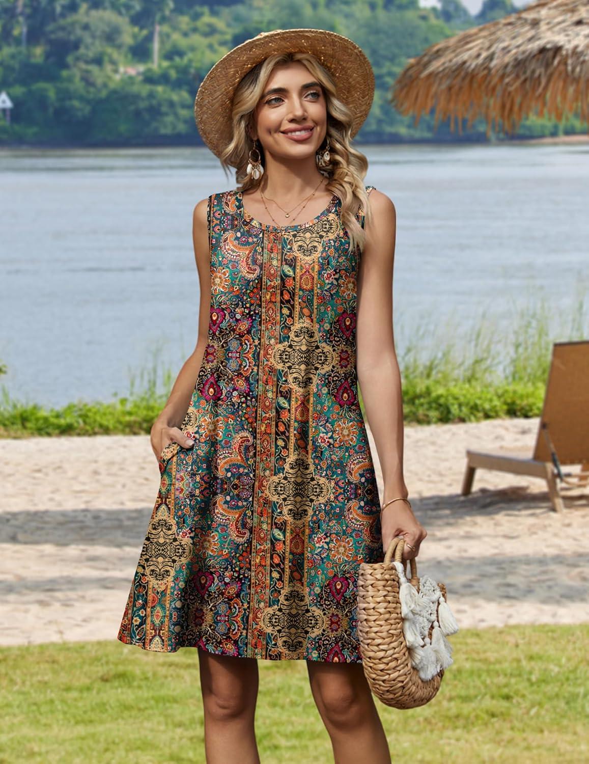 imageZeagoo Summer Dresses for Women 2026 Sleeveless Casual Floral Tshirt Sundress with Pockets Loose Tank Beach DressEthnic Print