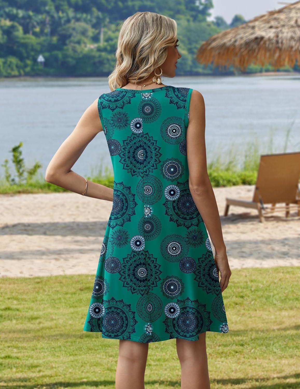 imageZeagoo Summer Dresses for Women 2026 Sleeveless Casual Floral Tshirt Sundress with Pockets Loose Tank Beach DressGreen Print