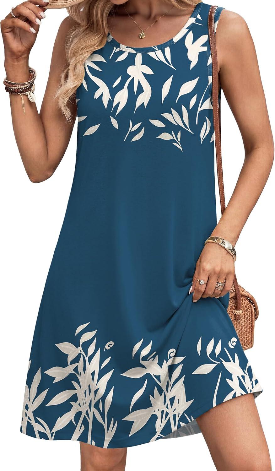 imageZeagoo Summer Dresses for Women 2026 Sleeveless Casual Floral Tshirt Sundress with Pockets Loose Tank Beach DressNavy Blue Print