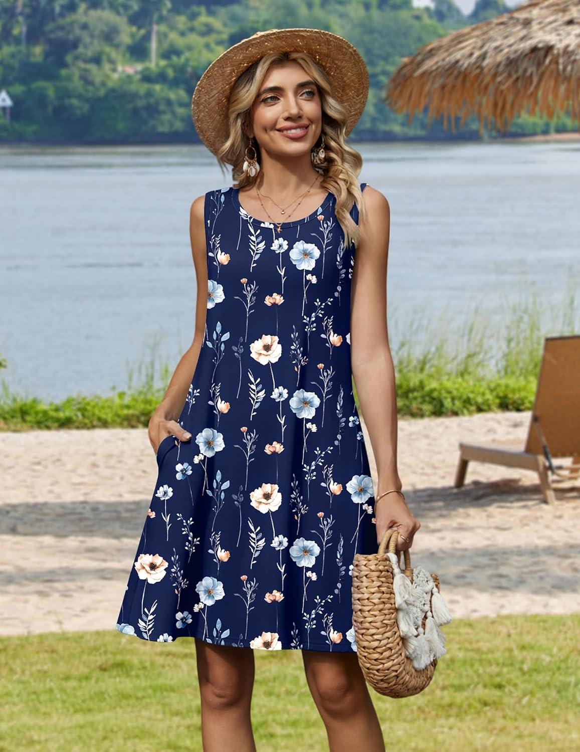 imageZeagoo Summer Dresses for Women 2026 Sleeveless Casual Floral Tshirt Sundress with Pockets Loose Tank Beach DressNavy Printbf318