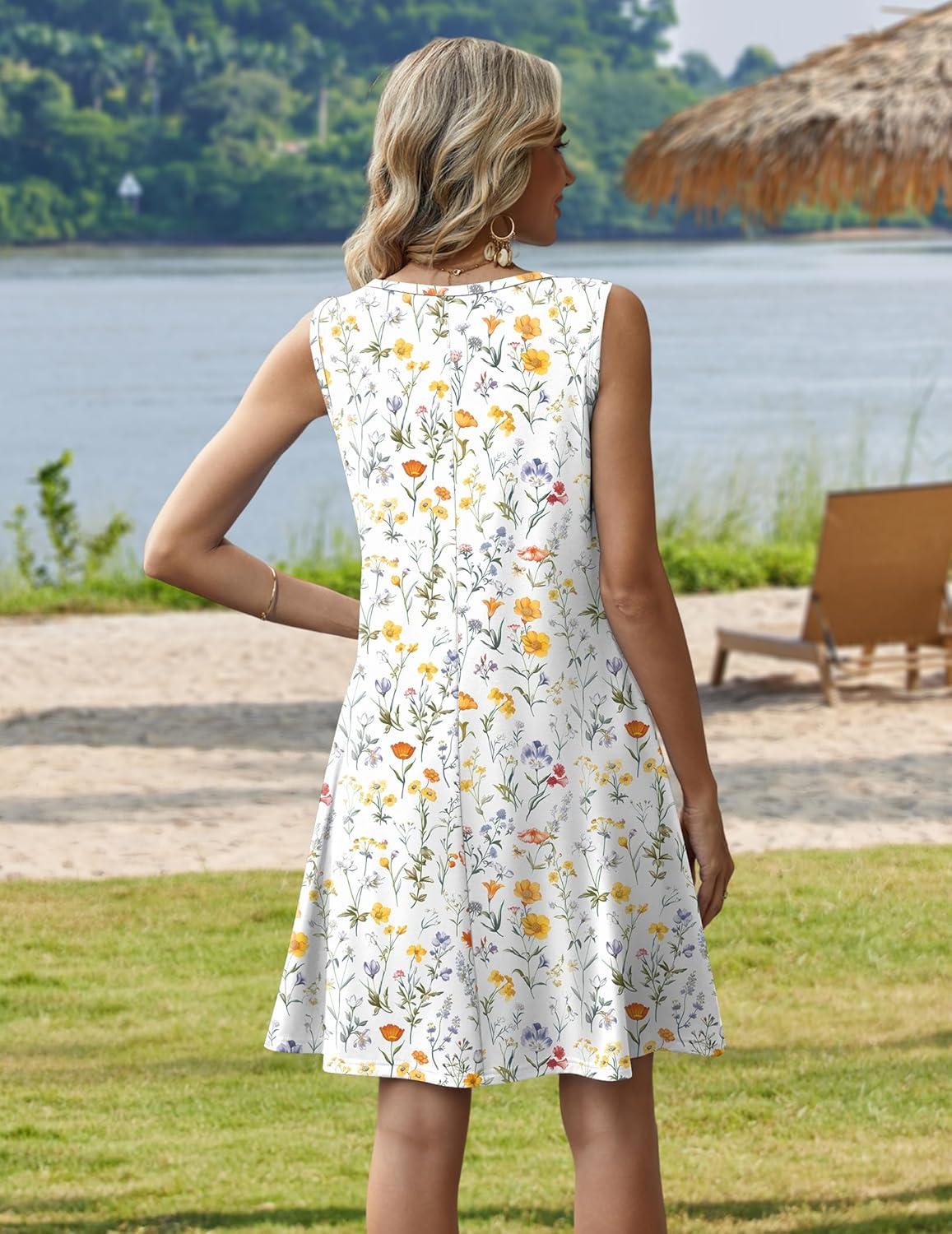 imageZeagoo Summer Dresses for Women 2026 Sleeveless Casual Floral Tshirt Sundress with Pockets Loose Tank Beach DressWhite Floral