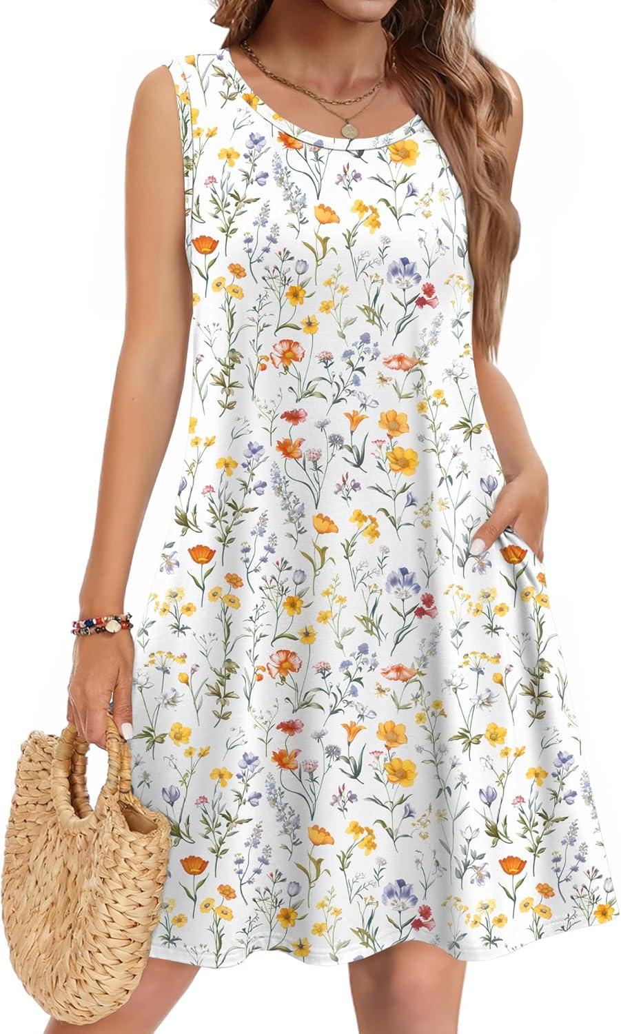 imageZeagoo Summer Dresses for Women 2026 Sleeveless Casual Floral Tshirt Sundress with Pockets Loose Tank Beach DressWhite Floral