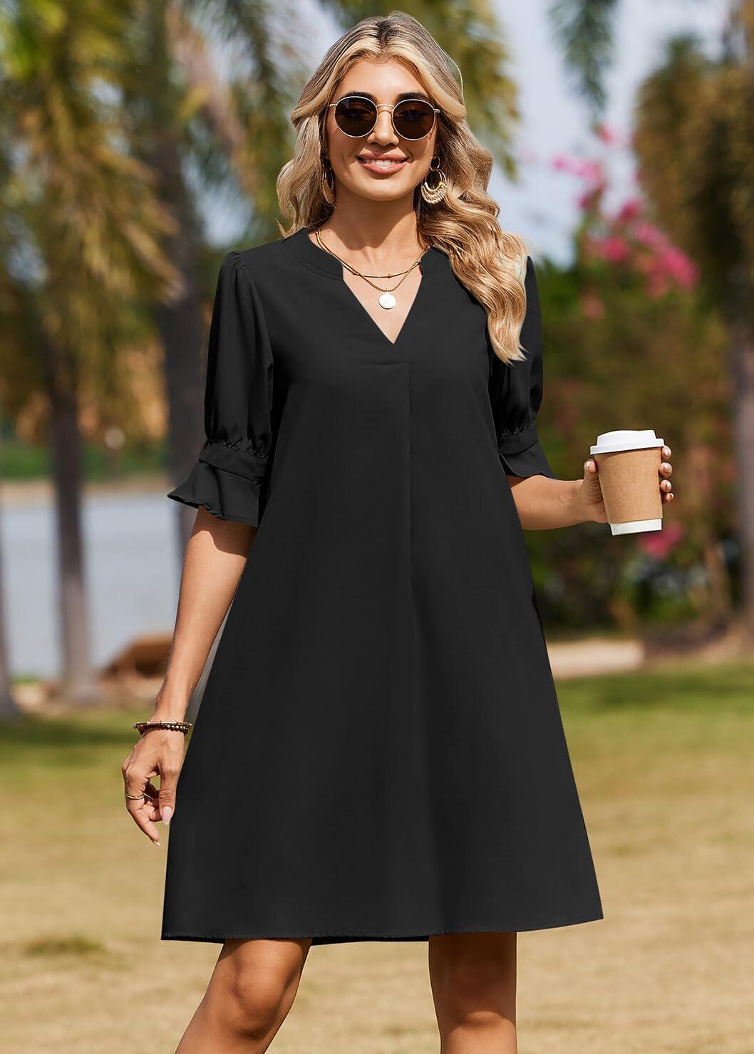 imageZeagoo Summer Dresses for Women 2026 V Neck Ruffle Sleeve Casual Shift Dress Hawaiian Sundress Beach Vacation ClothesBlack