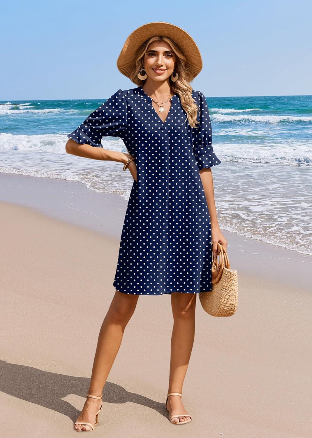 imageZeagoo Summer Dresses for Women 2026 V Neck Ruffle Sleeve Casual Shift Dress Hawaiian Sundress Beach Vacation ClothesBlue Polka Dots