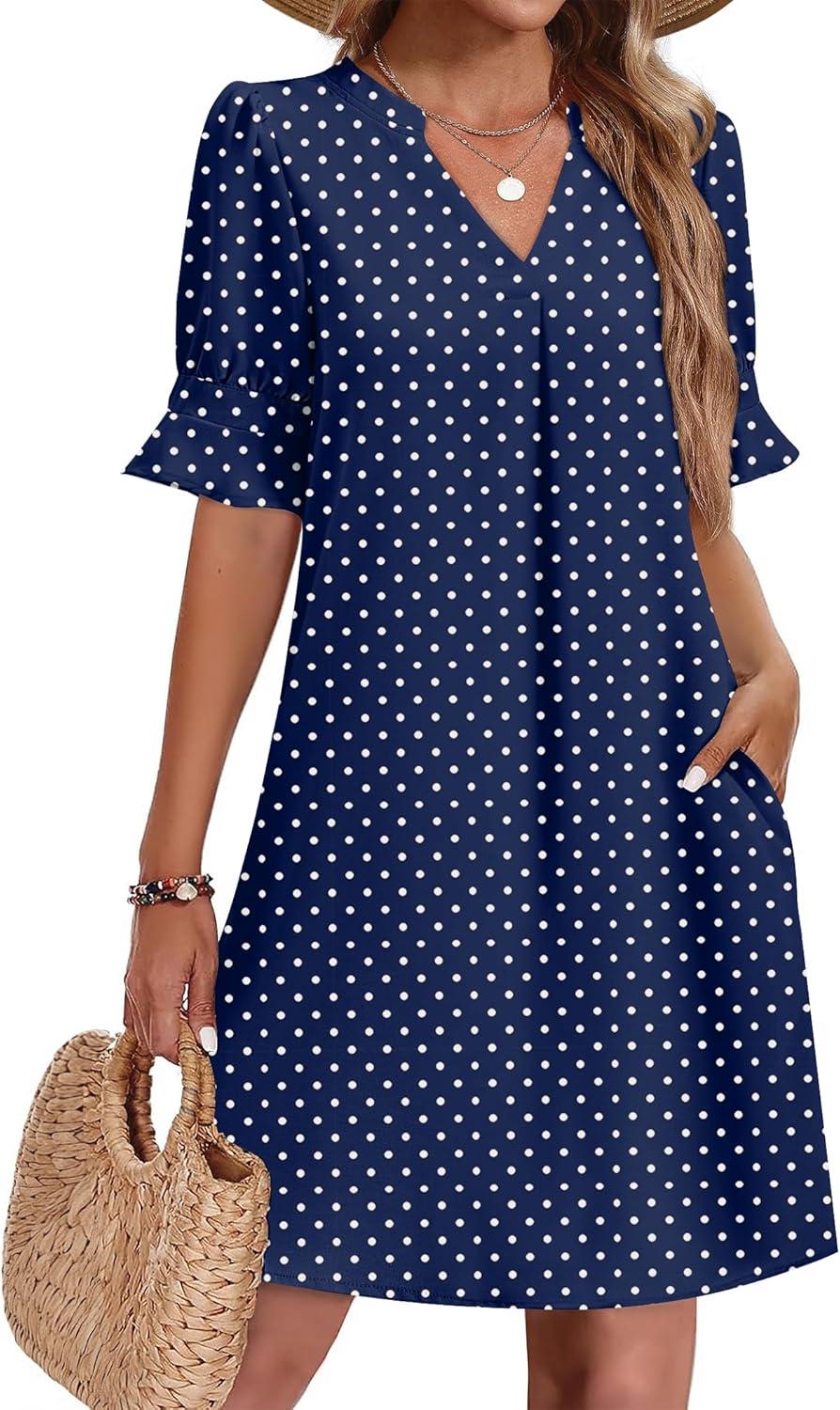 imageZeagoo Summer Dresses for Women 2026 V Neck Ruffle Sleeve Casual Shift Dress Hawaiian Sundress Beach Vacation ClothesBlue Polka Dots