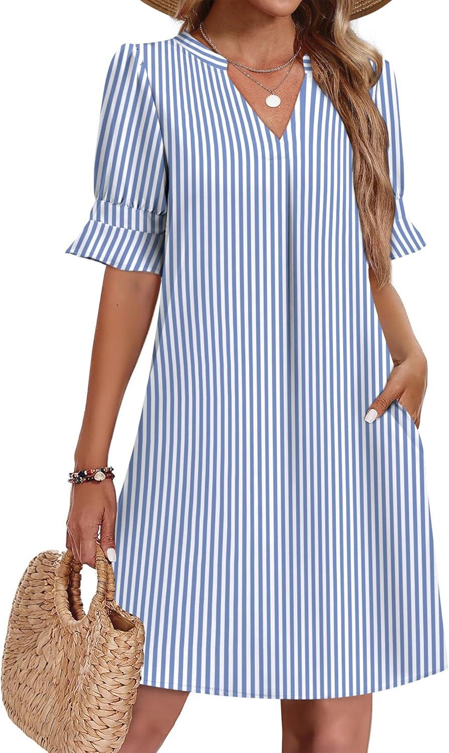 imageZeagoo Summer Dresses for Women 2026 V Neck Ruffle Sleeve Casual Shift Dress Hawaiian Sundress Beach Vacation ClothesBlue and White Stripes