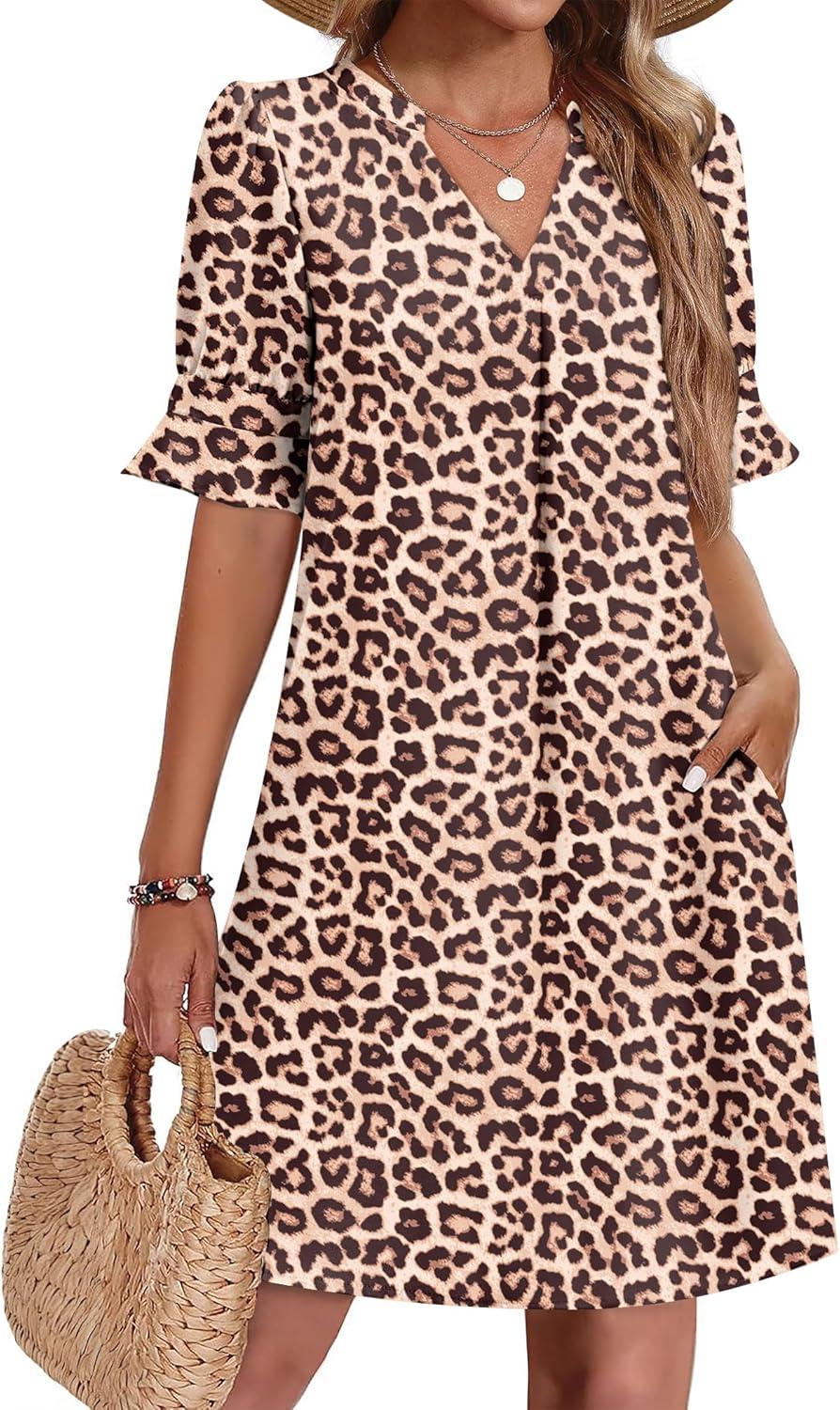 imageZeagoo Summer Dresses for Women 2026 V Neck Ruffle Sleeve Casual Shift Dress Hawaiian Sundress Beach Vacation ClothesDark Leopard Print