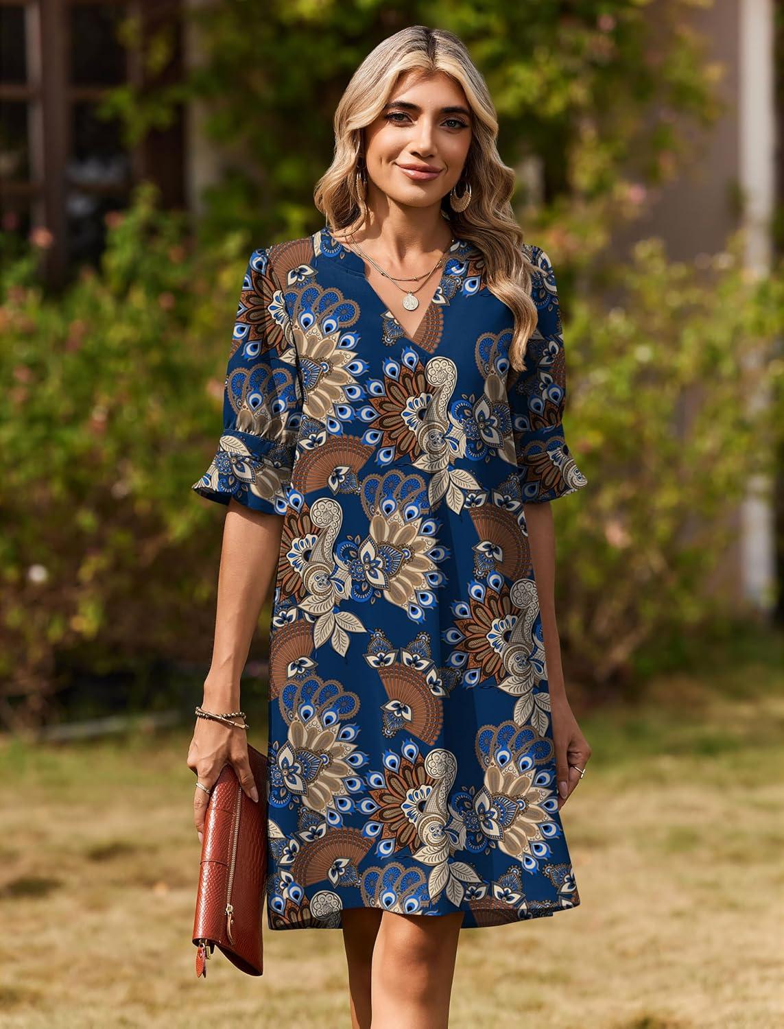 imageZeagoo Summer Dresses for Women 2026 V Neck Ruffle Sleeve Casual Shift Dress Hawaiian Sundress Beach Vacation ClothesDeep Blue Ethnic Floral