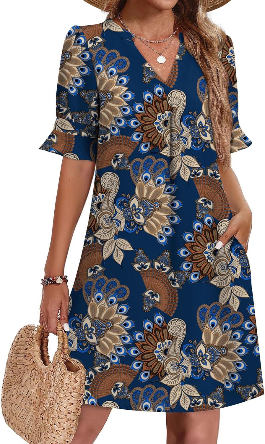 imageZeagoo Summer Dresses for Women 2026 V Neck Ruffle Sleeve Casual Shift Dress Hawaiian Sundress Beach Vacation ClothesDeep Blue Ethnic Floral