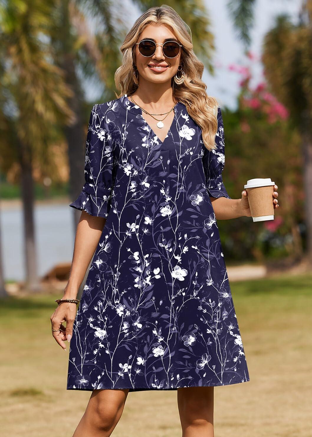 imageZeagoo Summer Dresses for Women 2026 V Neck Ruffle Sleeve Casual Shift Dress Hawaiian Sundress Beach Vacation ClothesDeep Blue Floral