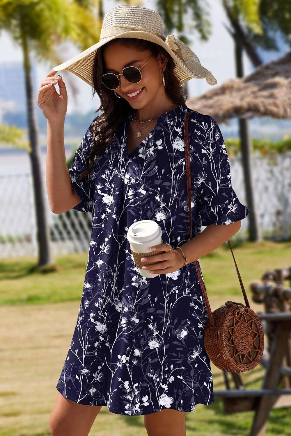 imageZeagoo Summer Dresses for Women 2026 V Neck Ruffle Sleeve Casual Shift Dress Hawaiian Sundress Beach Vacation ClothesDeep Blue Floral