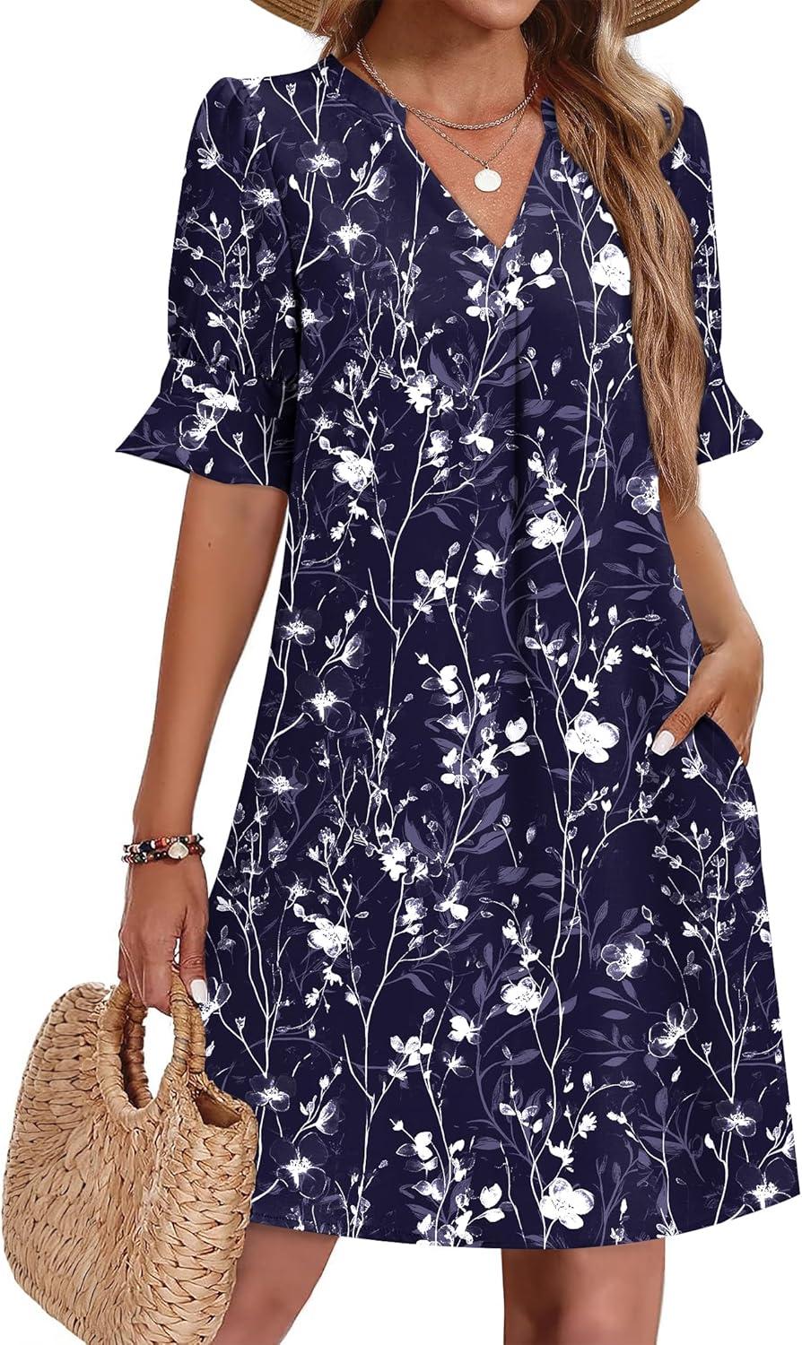 imageZeagoo Summer Dresses for Women 2026 V Neck Ruffle Sleeve Casual Shift Dress Hawaiian Sundress Beach Vacation ClothesDeep Blue Floral