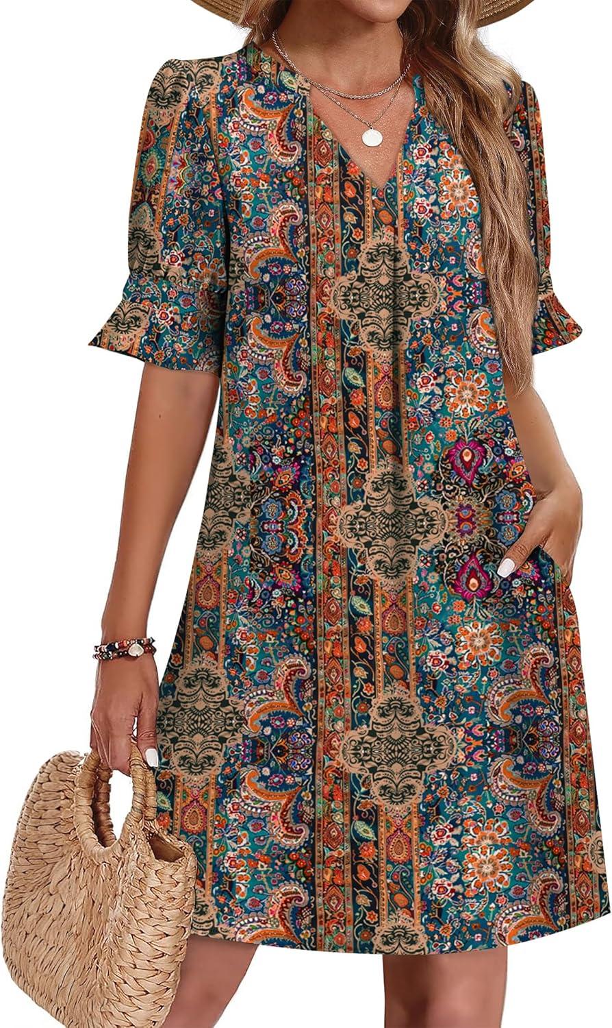 imageZeagoo Summer Dresses for Women 2026 V Neck Ruffle Sleeve Casual Shift Dress Hawaiian Sundress Beach Vacation ClothesEthnic Style