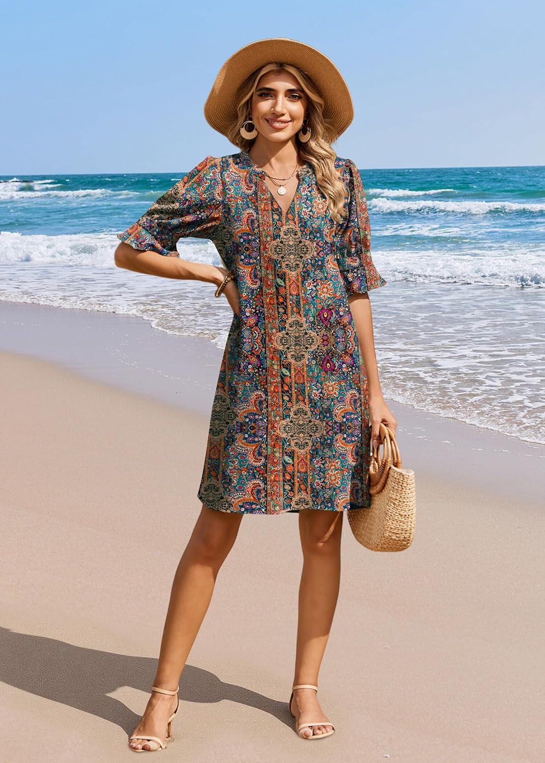 imageZeagoo Summer Dresses for Women 2026 V Neck Ruffle Sleeve Casual Shift Dress Hawaiian Sundress Beach Vacation ClothesEthnic Style