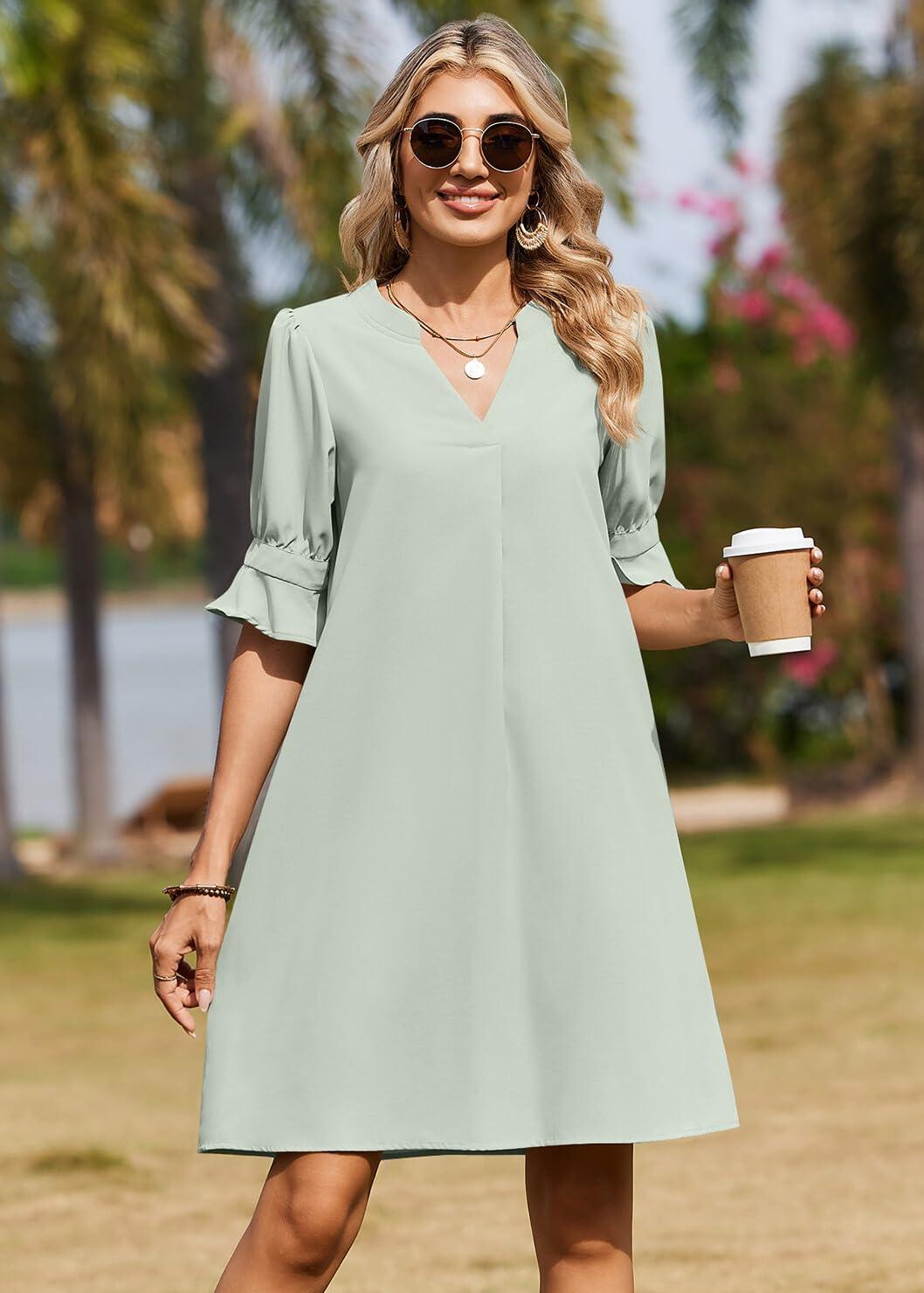 imageZeagoo Summer Dresses for Women 2026 V Neck Ruffle Sleeve Casual Shift Dress Hawaiian Sundress Beach Vacation ClothesGreen