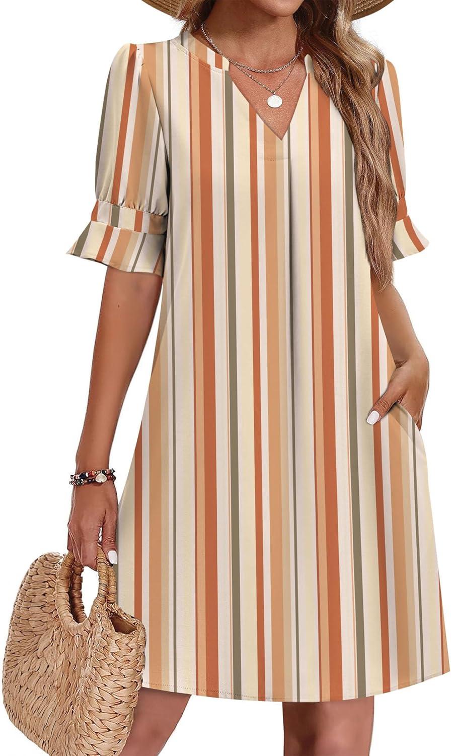 imageZeagoo Summer Dresses for Women 2026 V Neck Ruffle Sleeve Casual Shift Dress Hawaiian Sundress Beach Vacation ClothesKhaki Vertical Stripes